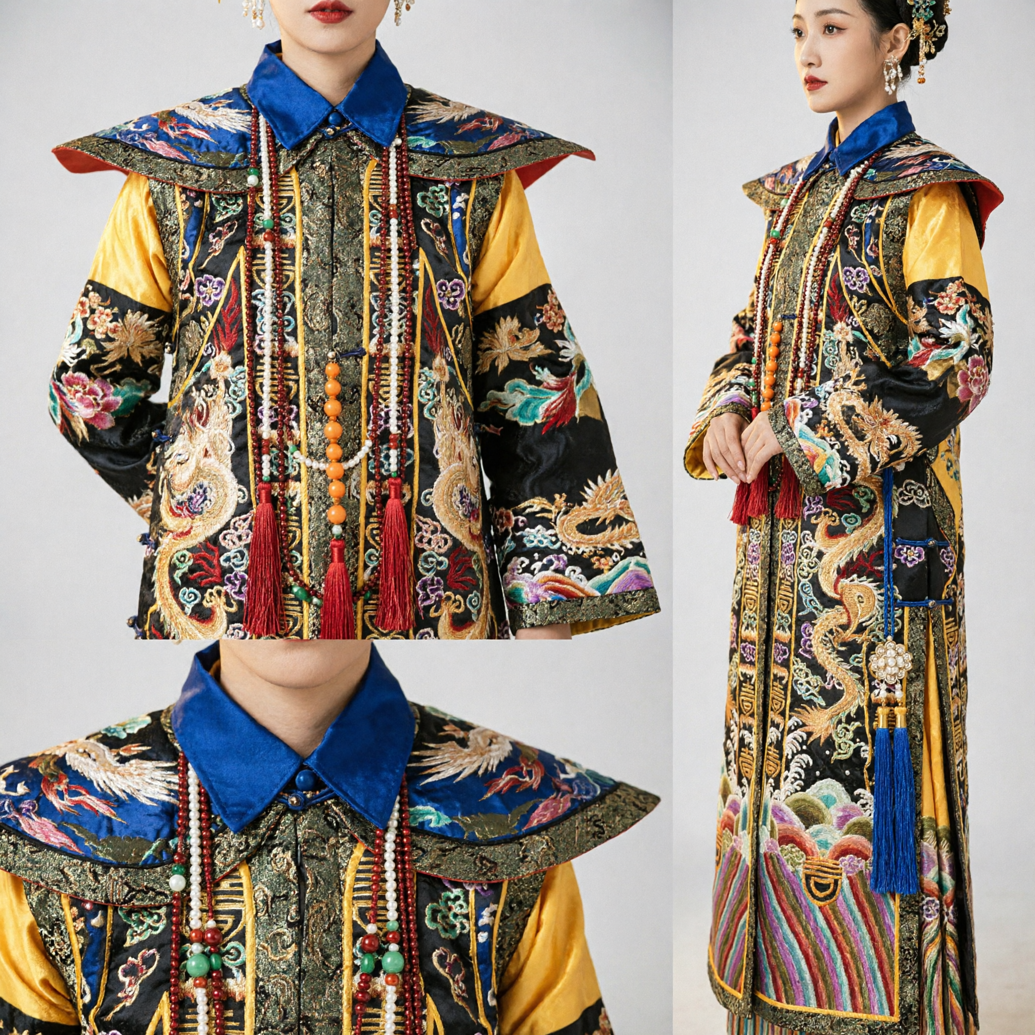 Traditional Chinese Qing Dynasty Empress Black Dragon Robe Costume with Elaborate Headdress for Women Cosplay - Asian Costume