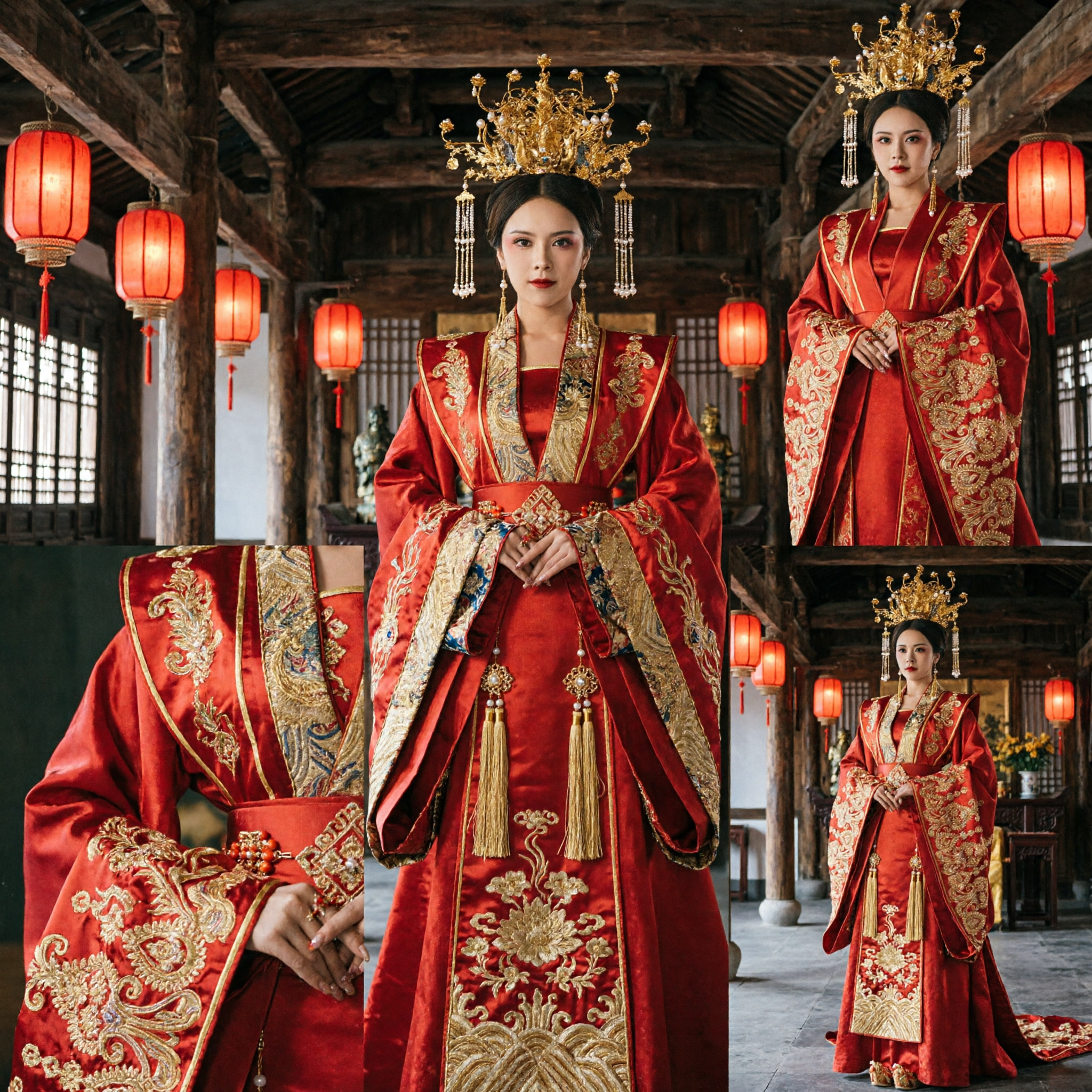 Traditional Chinese Ancient Empress Wedding Dress Red Hanfu Costume with Gold Embroidery for Women - Asian Costume