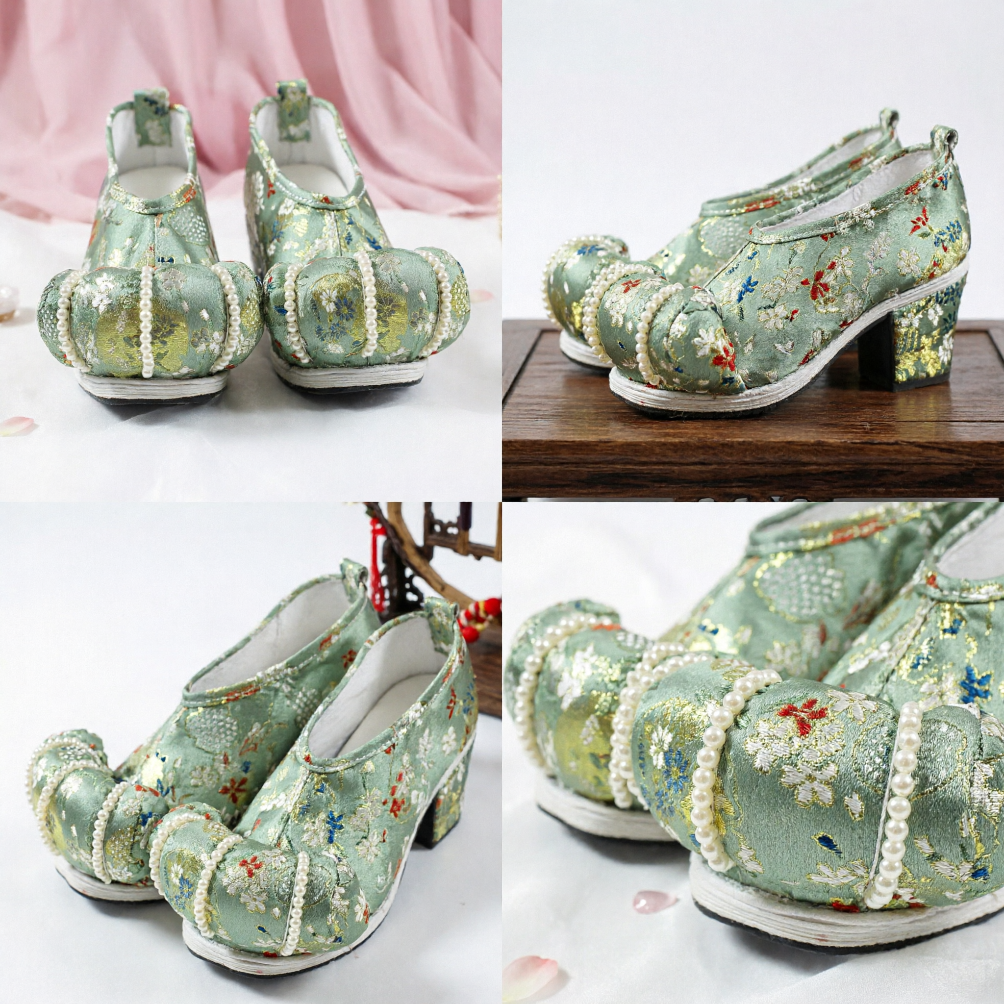 Traditional Chinese Green Embroidered Hanfu Shoes with Pearl Beads Ancient Style Cloud Footwear for Women - Asian Costume