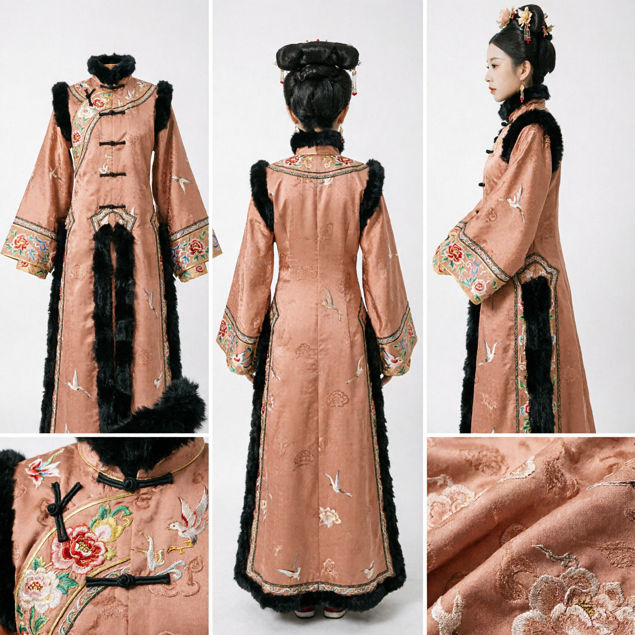Traditional Qing Dynasty Manchu Princess Costume Peach Embroidered Dress with Fur Trim for Women Cosplay - Asian Costume