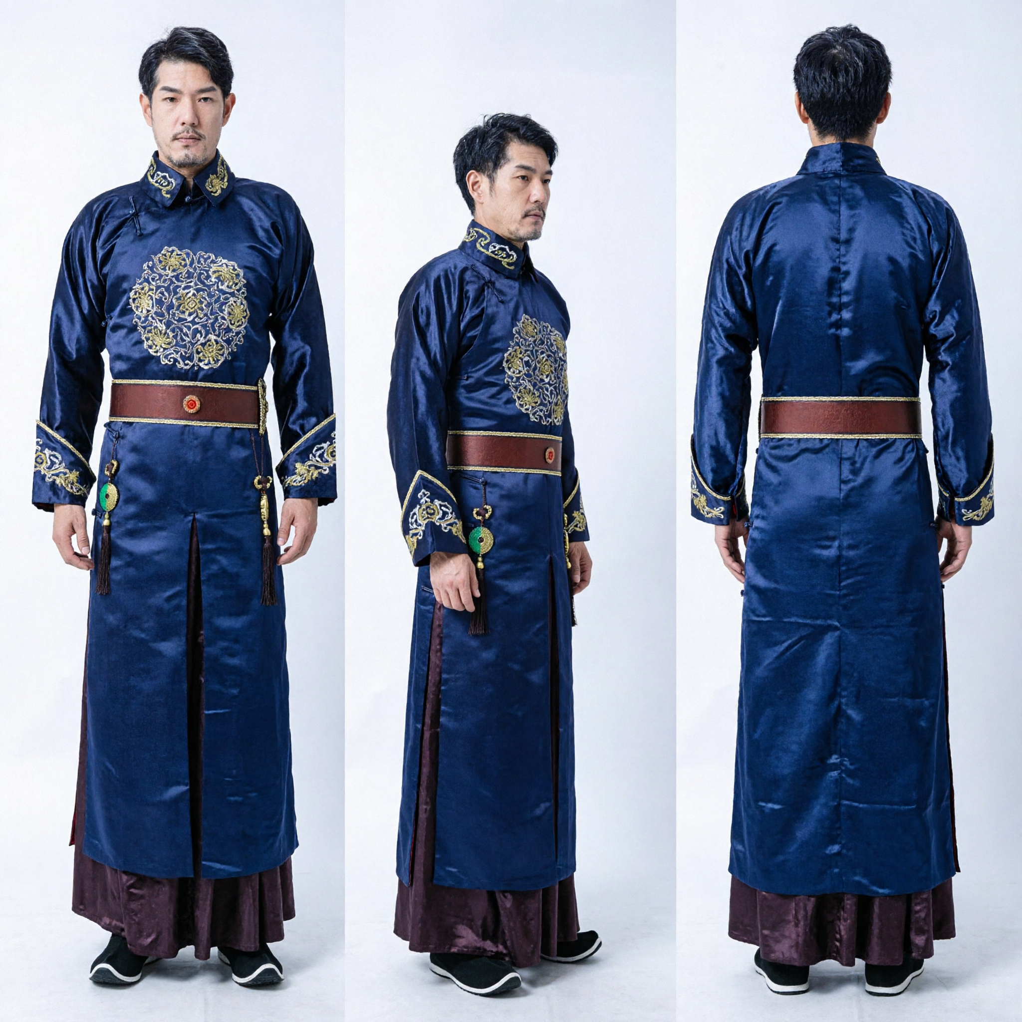 Men's Traditional Chinese Mongolian Navy Blue Robe Ancient Knight Embroidered Costume for Stage Performance and Cosplay - Asian Costume