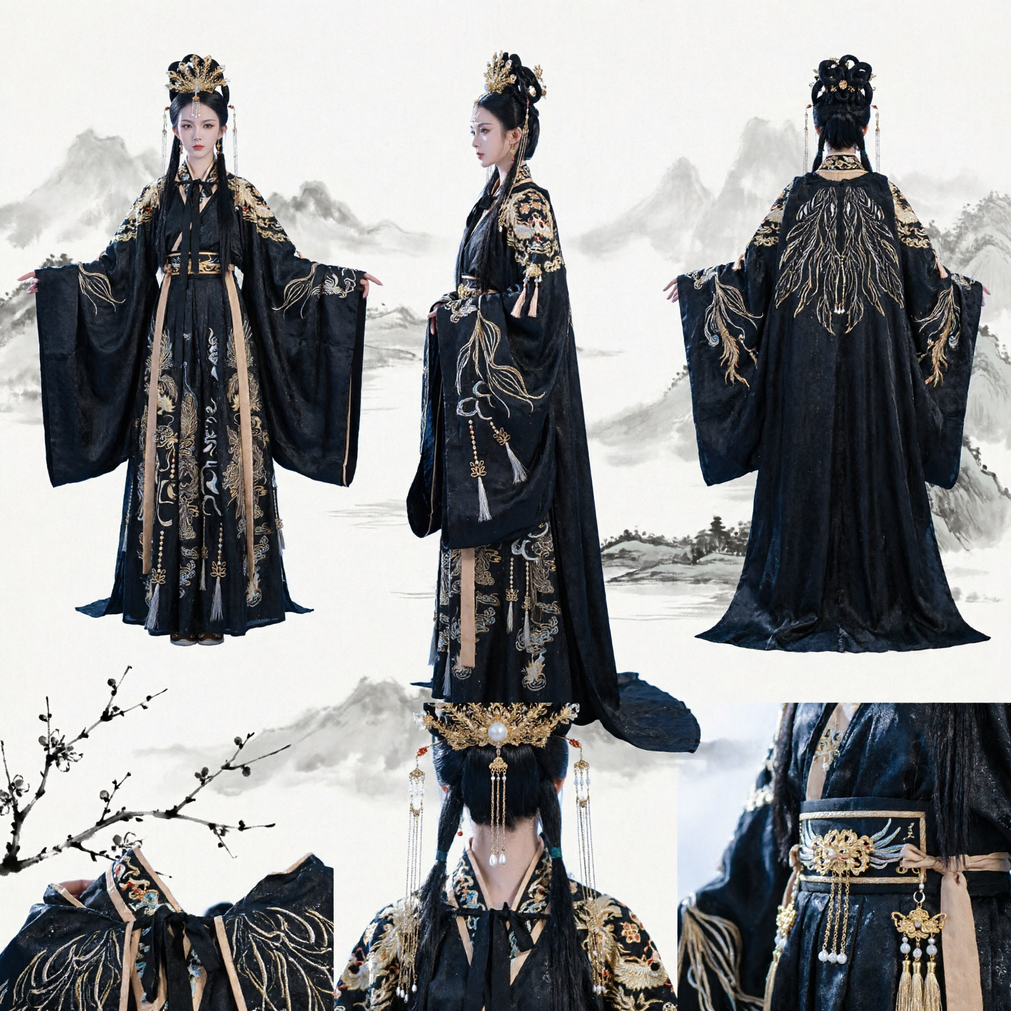 Elegant Black Traditional Chinese Hanfu Costume for Women Ancient Wuxia Fantasy Empress Dress with Gold Embroidery Cloak - Asian Costume
