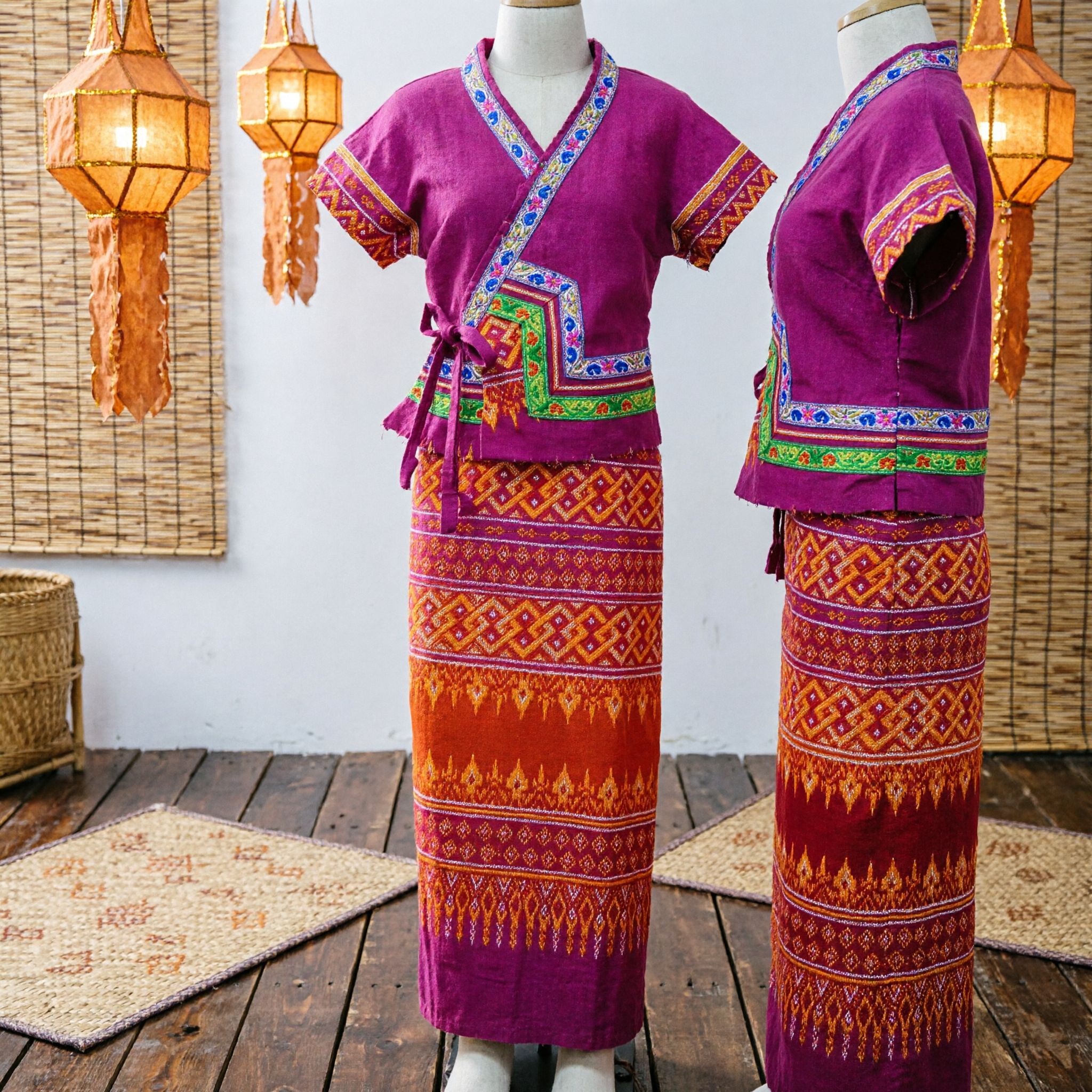 Traditional Chinese Ethnic Costume Women's Pink Wrap Top and Patterned Skirt Set for Folk Dance Performance - Asian Costume