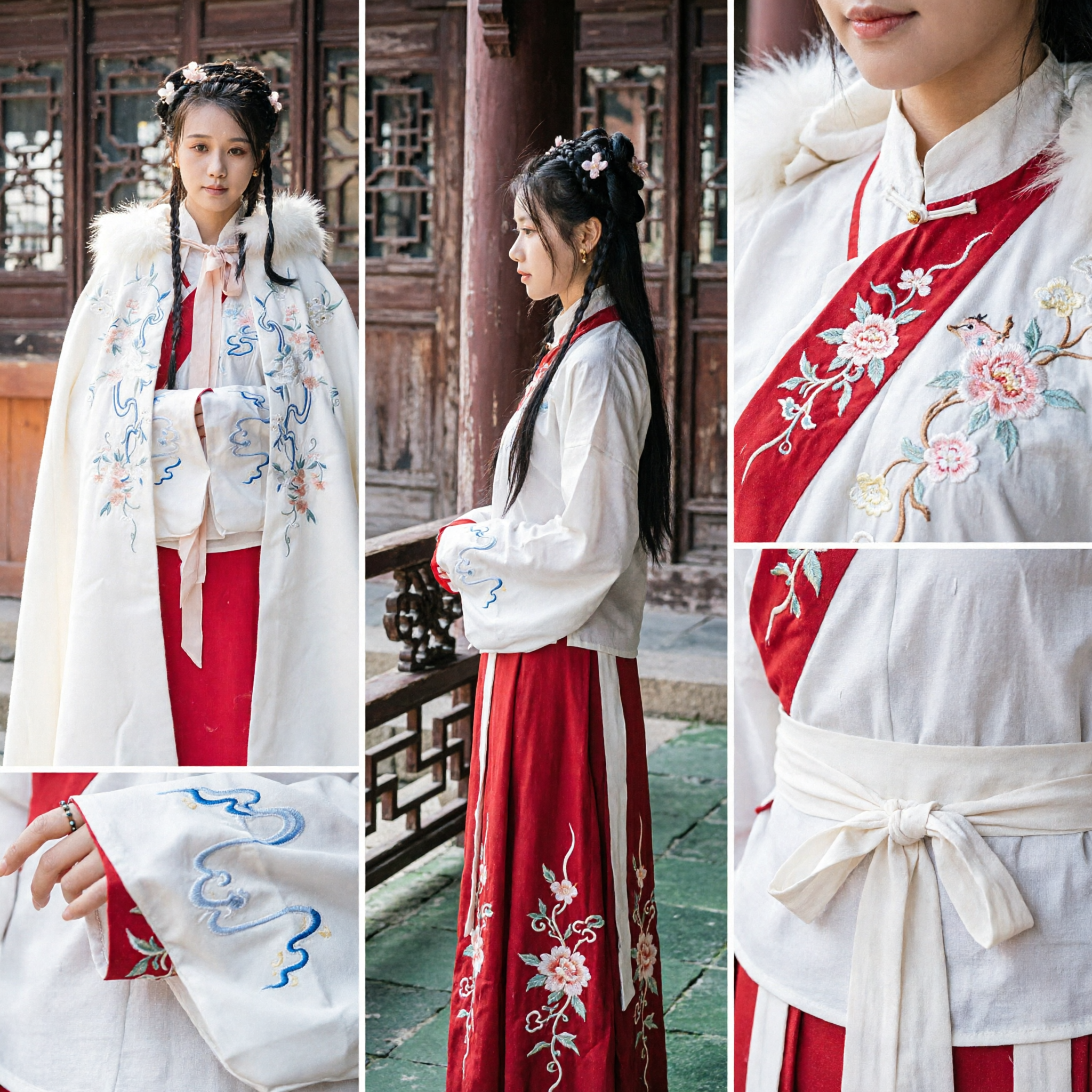 Traditional Chinese Hanfu White Fur Collar Cloak Embroidered Cape Ancient Style Costume for Women - Asian Costume