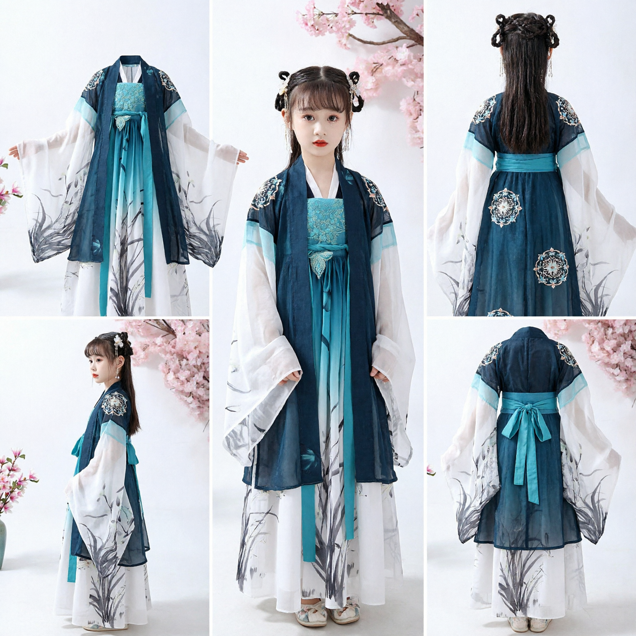 Girls Ancient Chinese Hanfu Dress Traditional Tang Dynasty Costume Ink Wash Painting Fairy Princess Outfit - Asian Costume