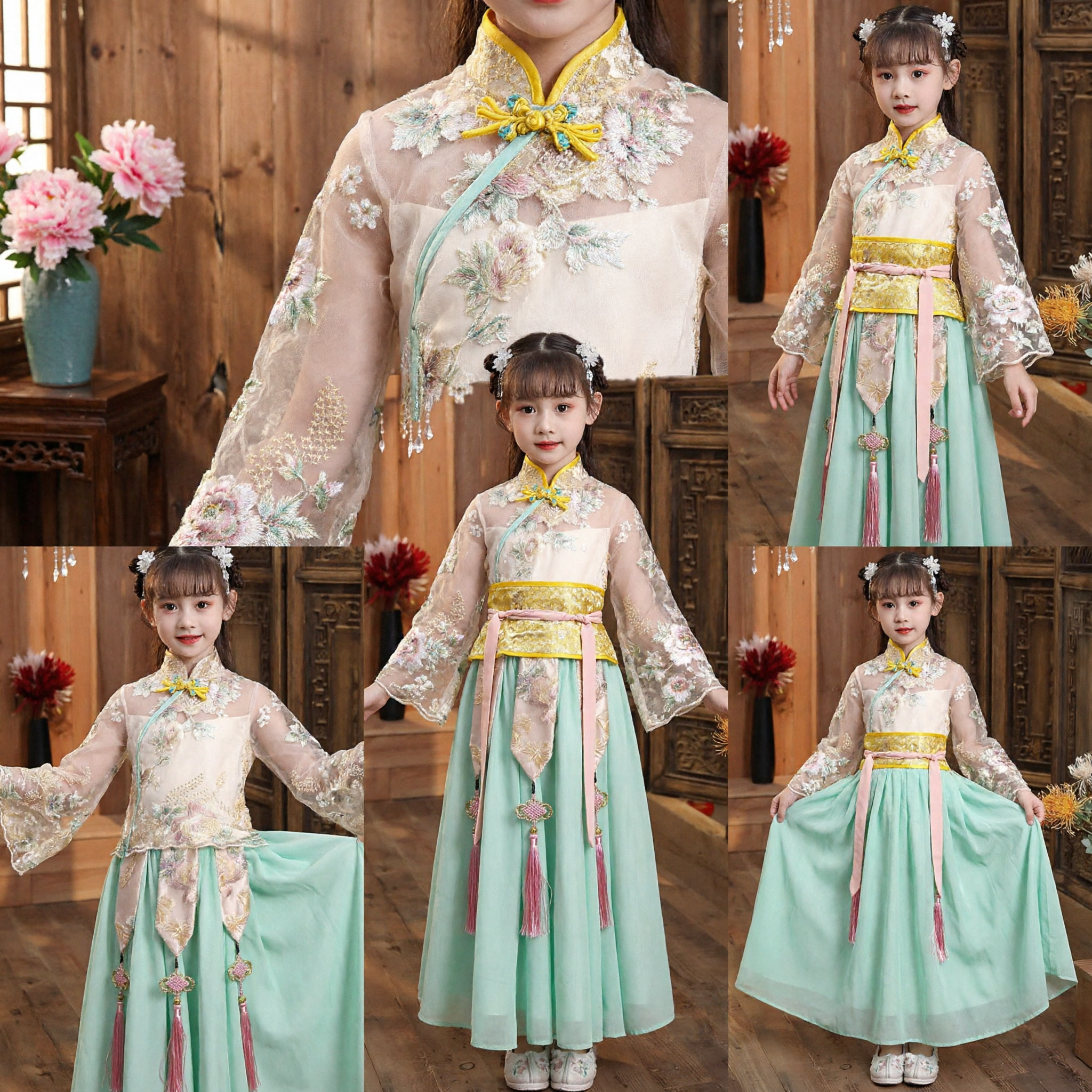 Traditional Chinese Hanfu Costume for Girls Embroidered Cheongsam Top and Pleated Skirt Set for Festival Wedding - Asian Costume