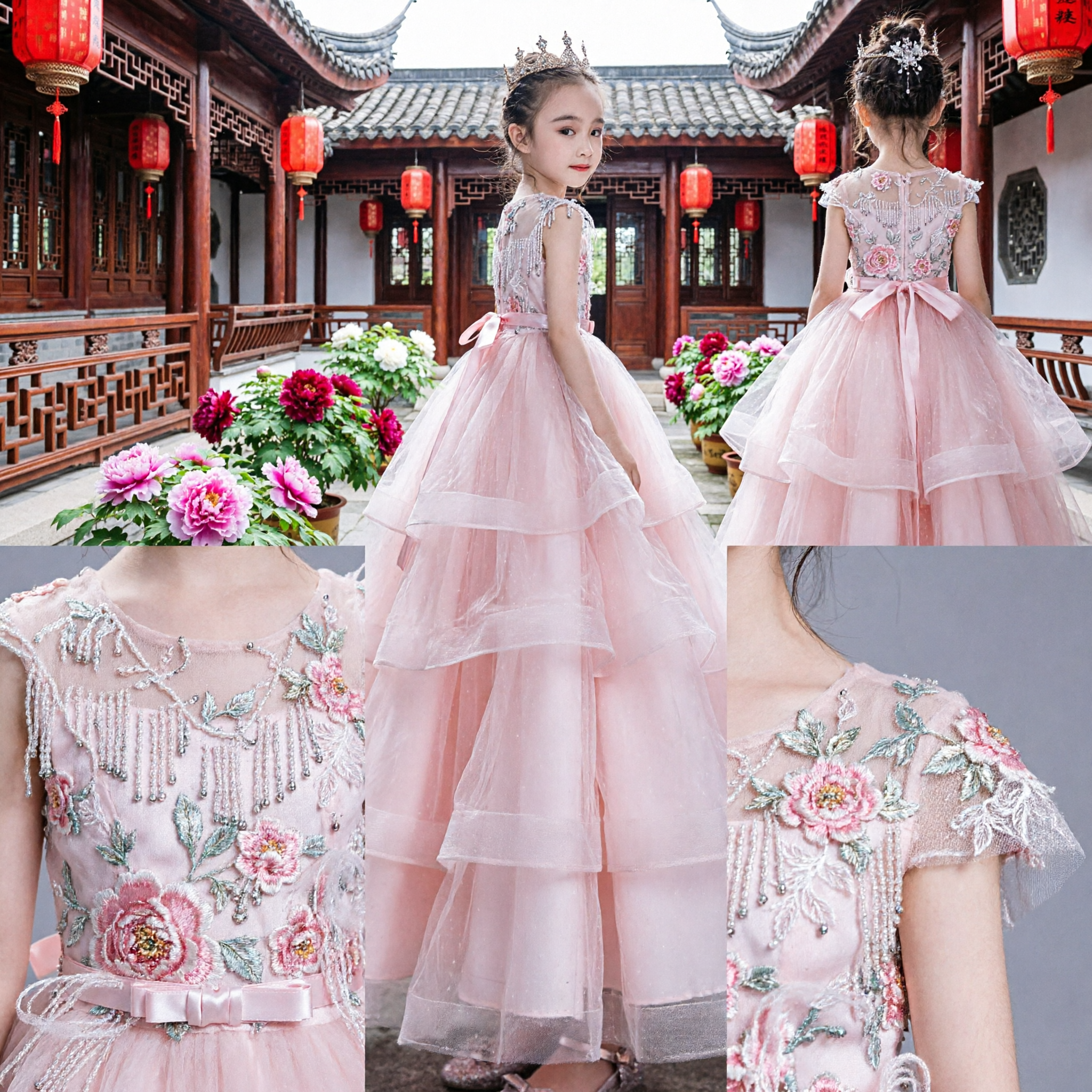 Elegant Pink Tulle Princess Gown for Girls with Sequin Bodice for Wedding Flower Girl Pageant Party - Asian Costume
