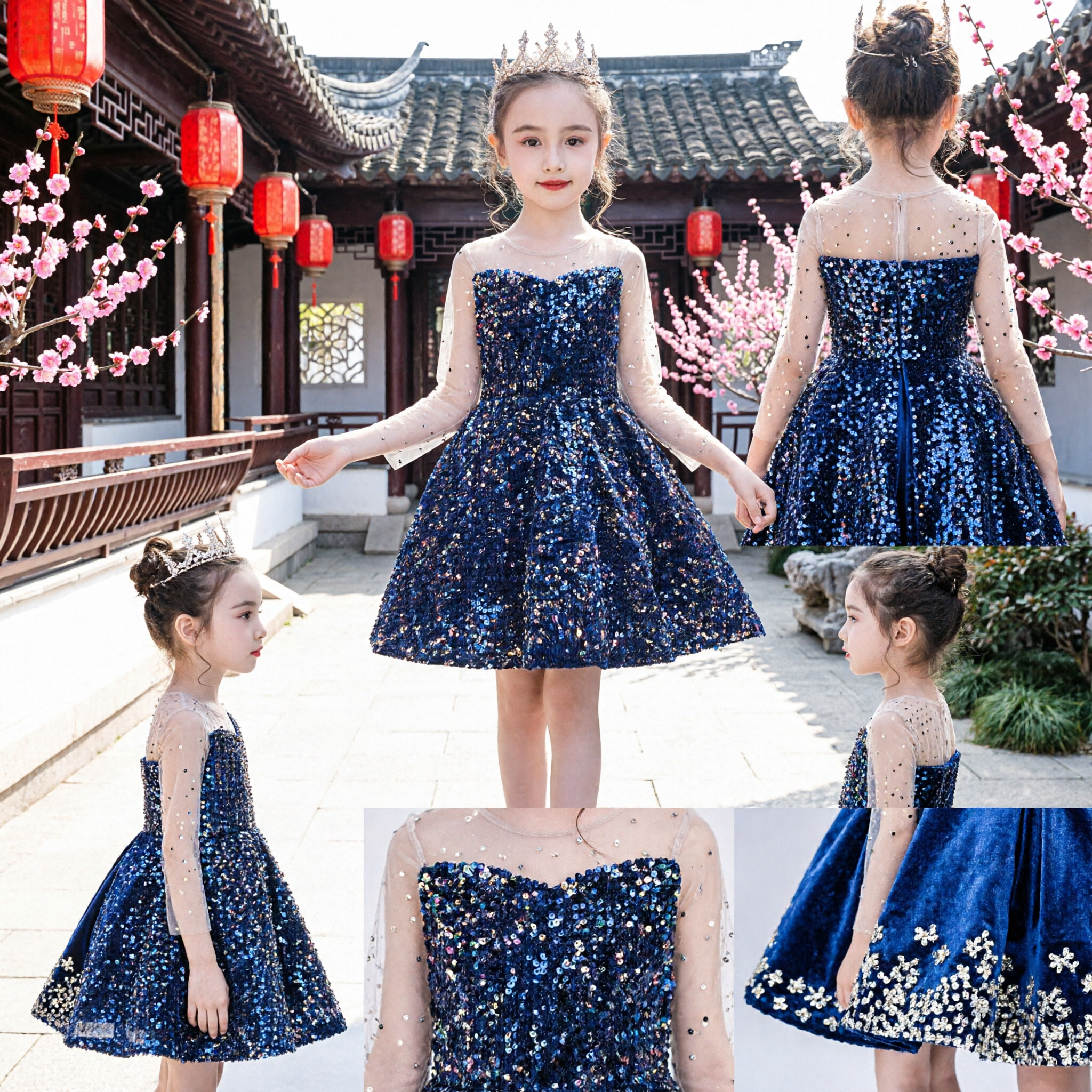 Kids Girls Navy Blue Sequin Formal Dress Long Sleeve Mesh Evening Gown for Pageant Wedding Party - Asian Costume