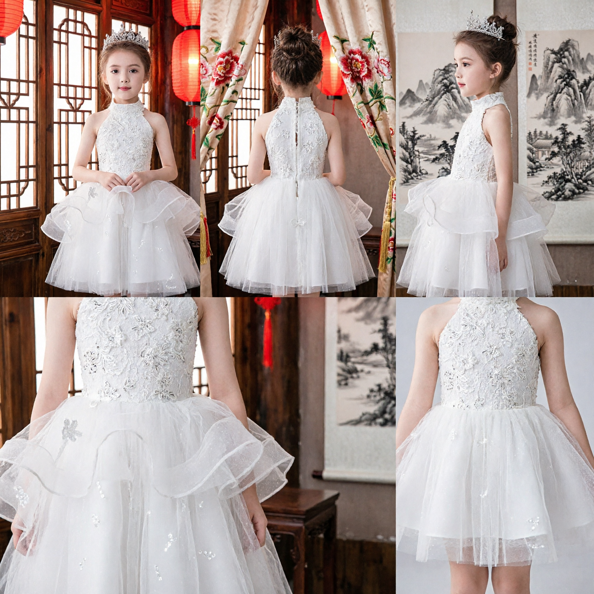 Elegant White High-Neck Lace Flower Girl Dress Kids Princess Tulle Party Gown Wedding Costume - Asian Costume