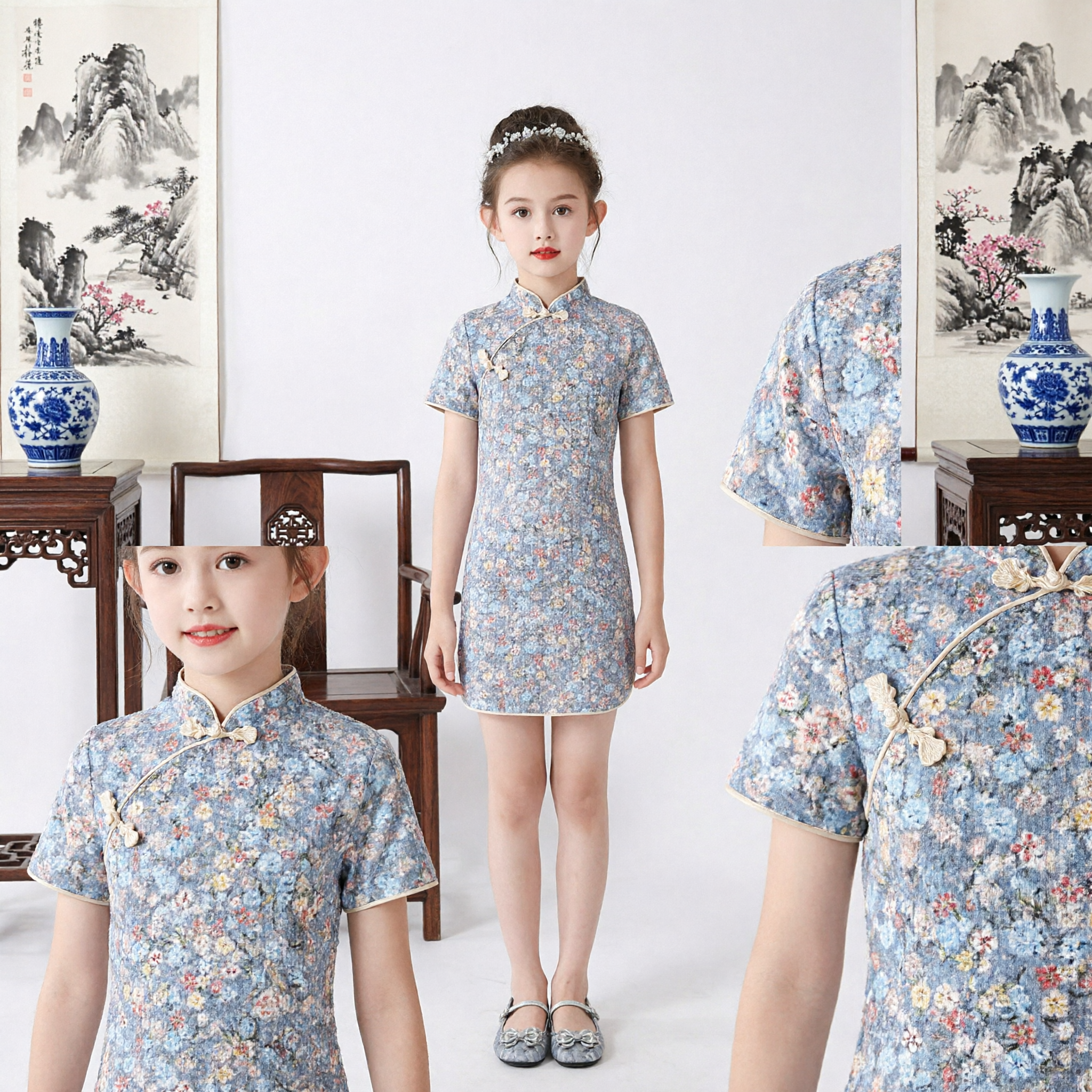 Girls Floral Cheongsam Dress Traditional Chinese Qipao Kids Mandarin Collar Short Sleeve Summer Festival Costume - Asian Costume
