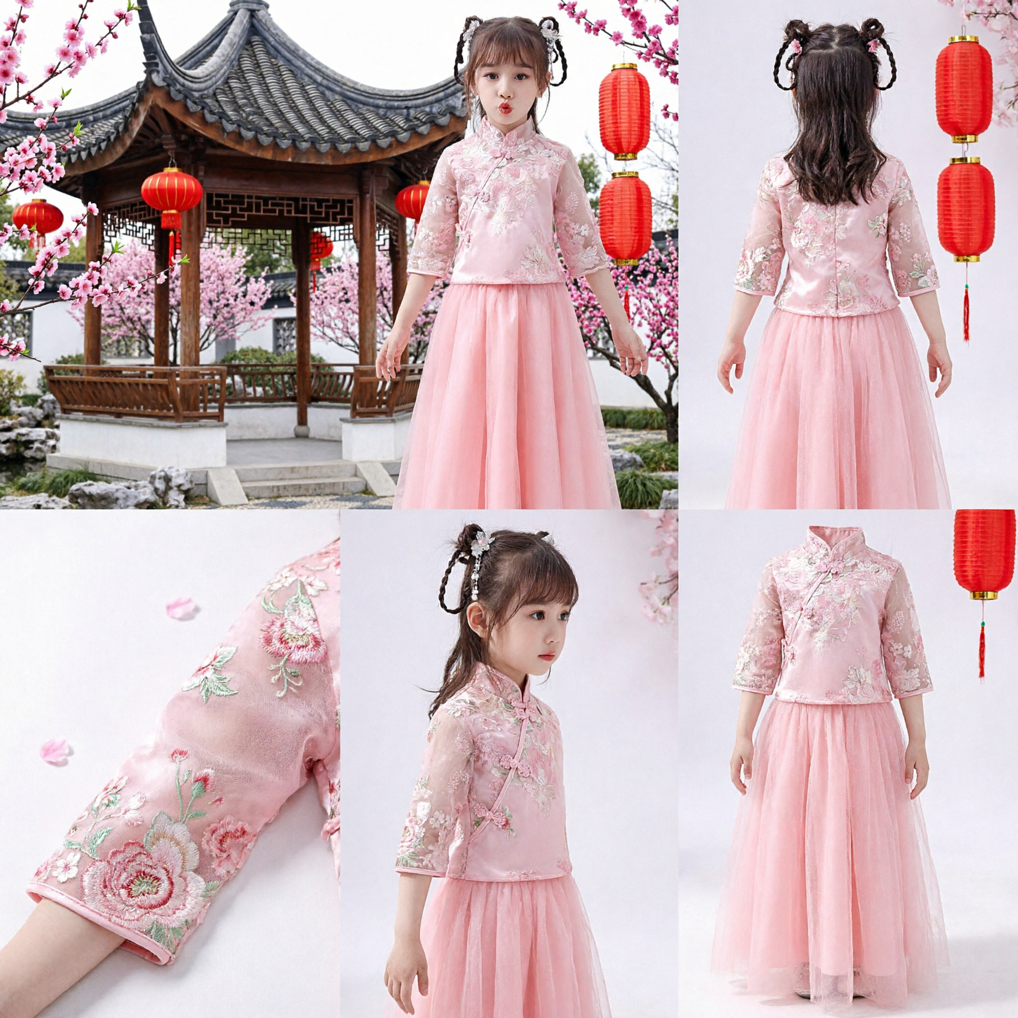 Pink Traditional Chinese Hanfu Dress for Kids Girls Wedding Flower Girl Cheongsam with Floral Lace Embroidery - Asian Costume