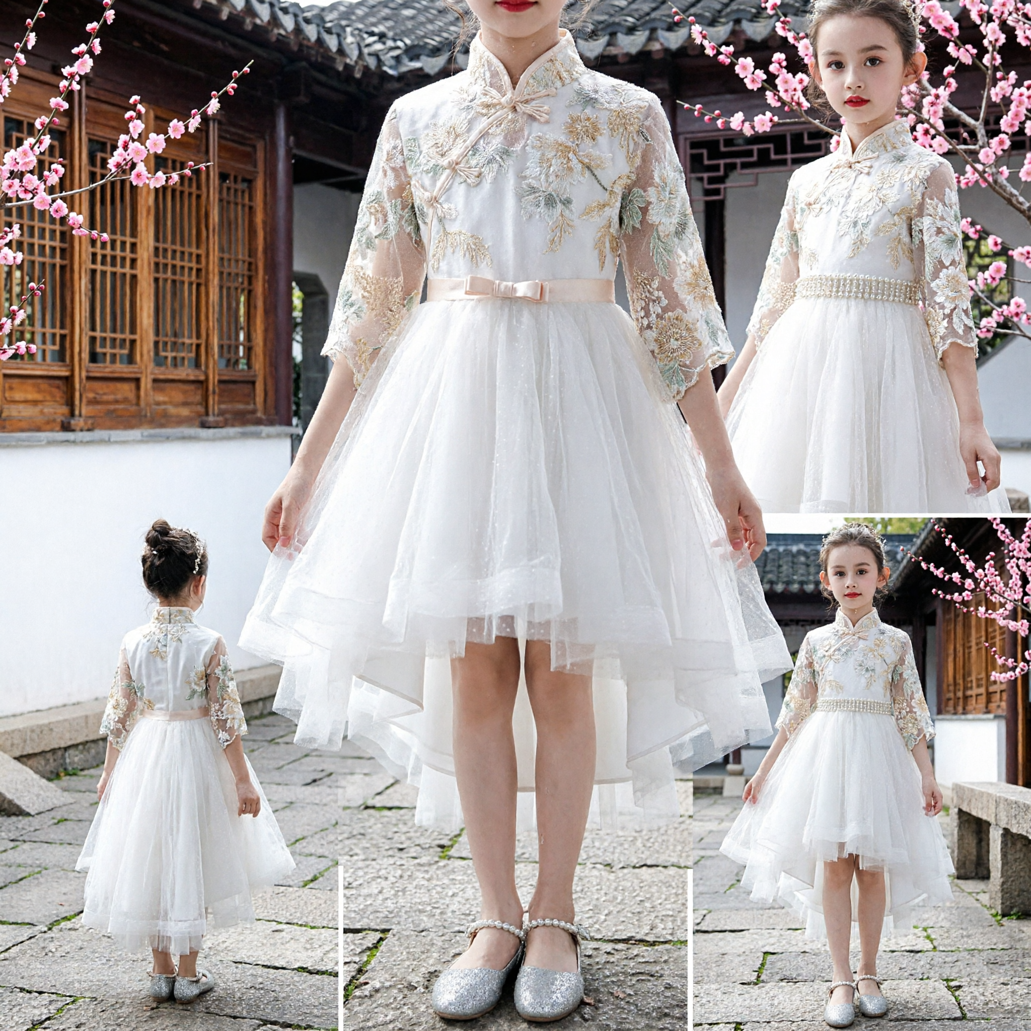 Girls Traditional Chinese Cheongsam Dress Kids Embroidered Qipao Princess Tulle Gown for Wedding Party - Asian Costume