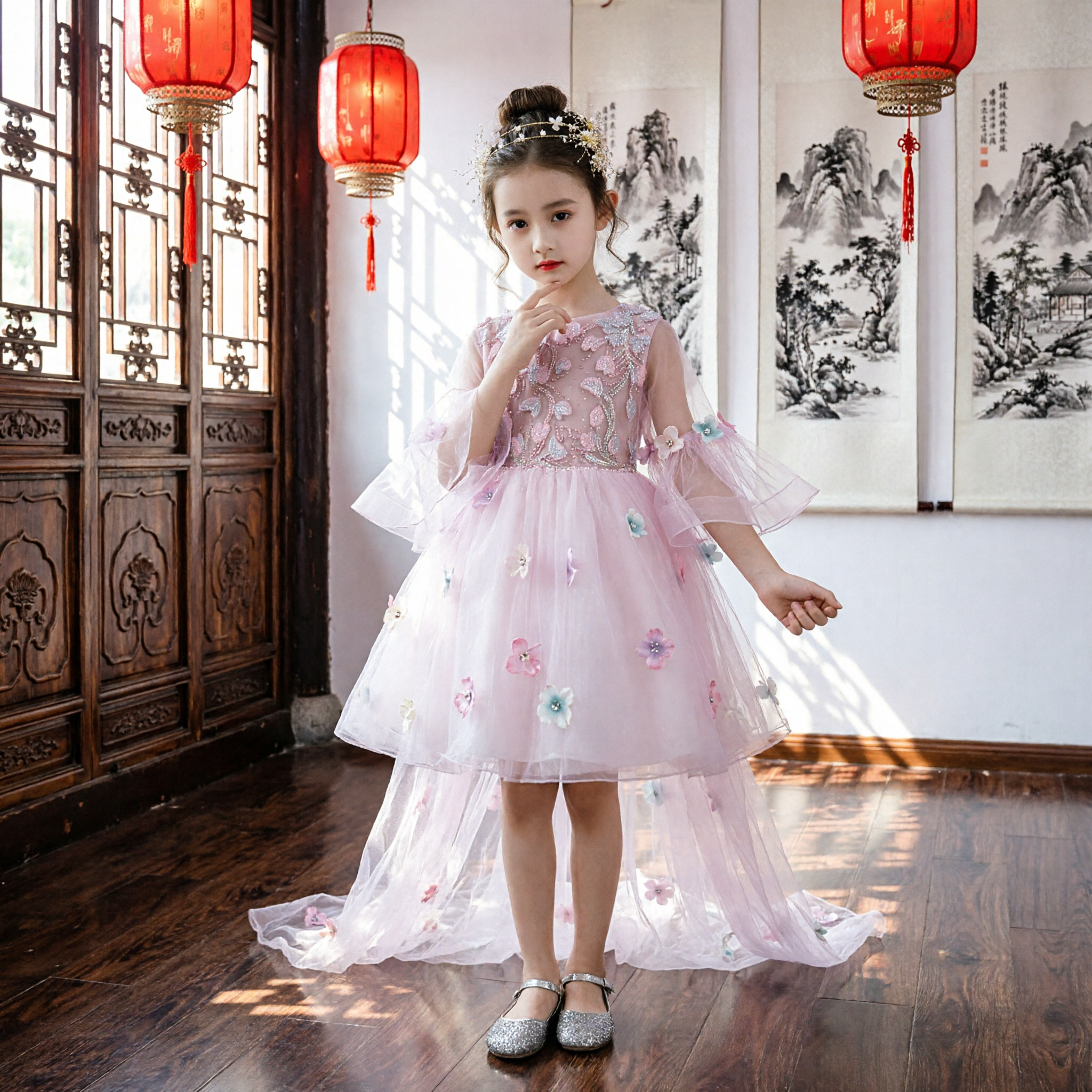 Girls' Elegant Pink Tulle Formal Dress with Floral Applique Bell Sleeves and Long Train for Weddings - Asian Costume