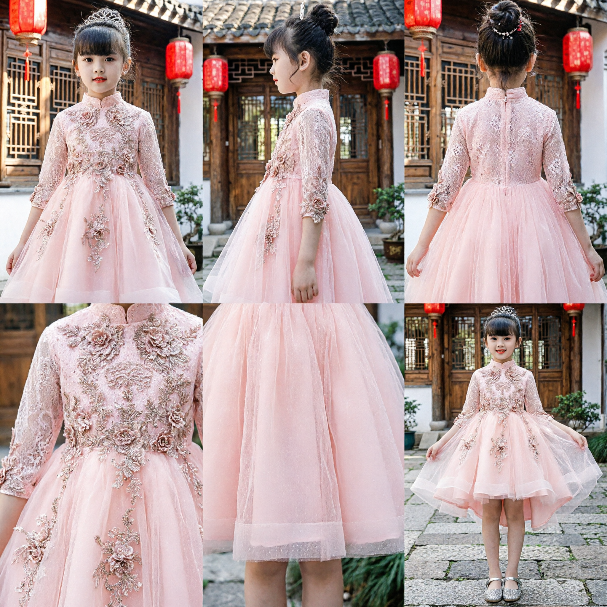 Elegant Pink Kids Traditional Chinese Cheongsam Dress Lace Floral Princess Gown for Wedding Party Hostess Performance - Asian Costume