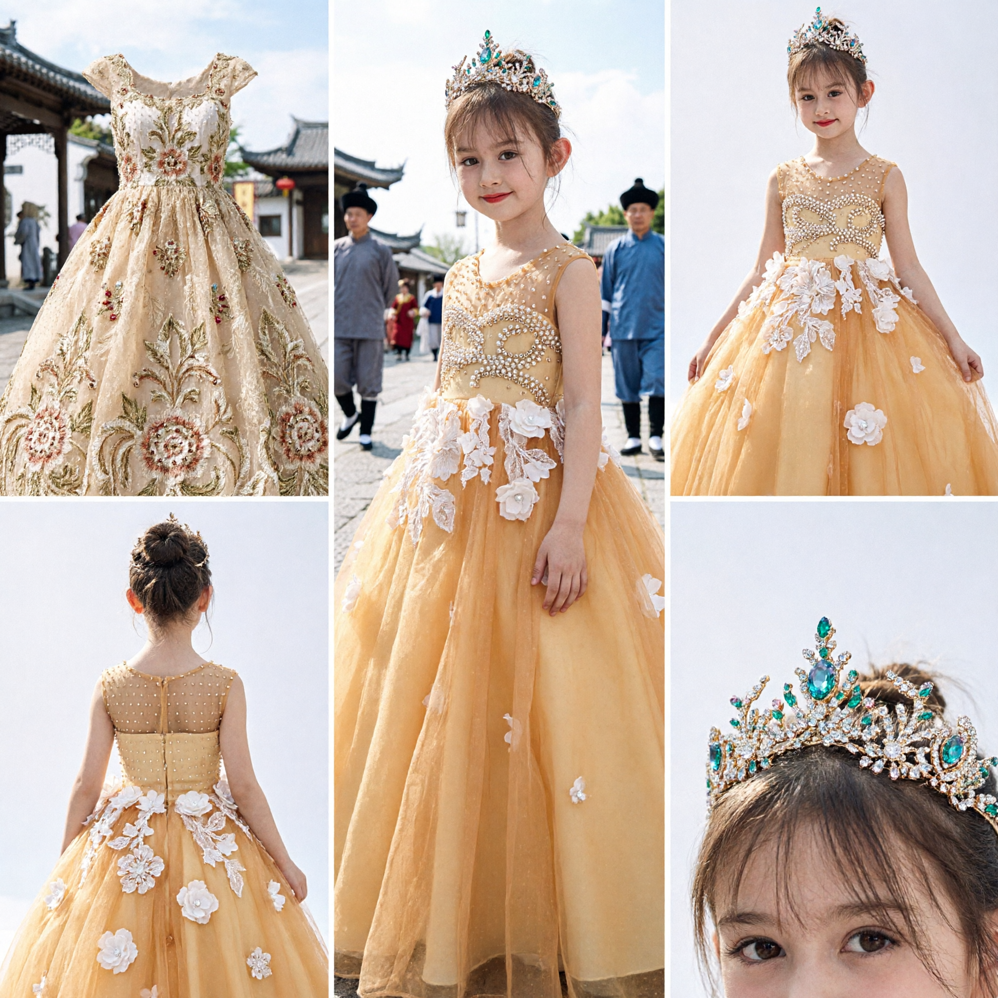 Elegant Yellow Princess Ball Gown for Girls with Pearl Beading and 3D Flowers for Wedding Flower Girl Pageant - Asian Costume