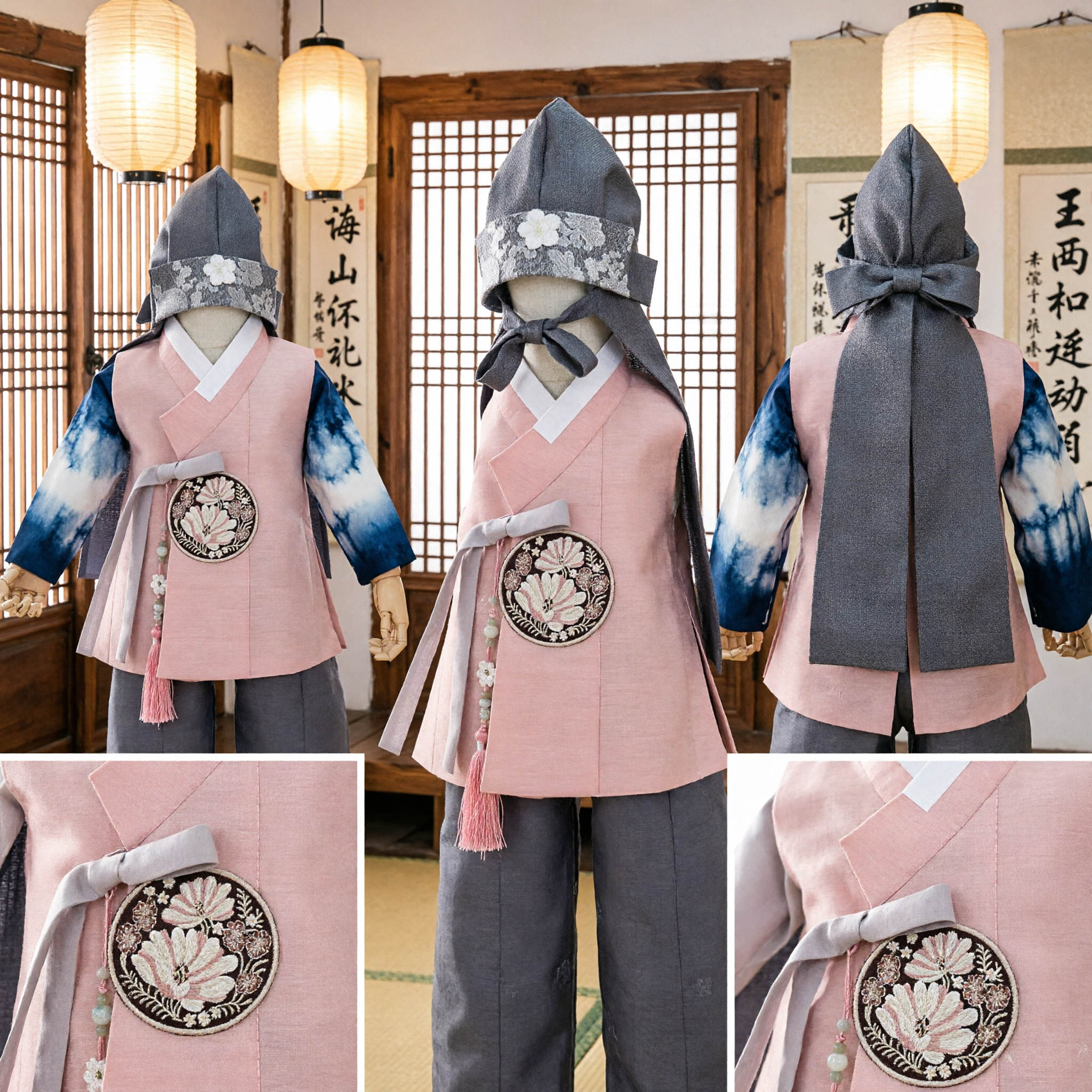 Men's Korean Traditional Hanbok Costume Set Pink Vest Grey Floral Hat Historical Outfit for Stage Performance - Asian Costume