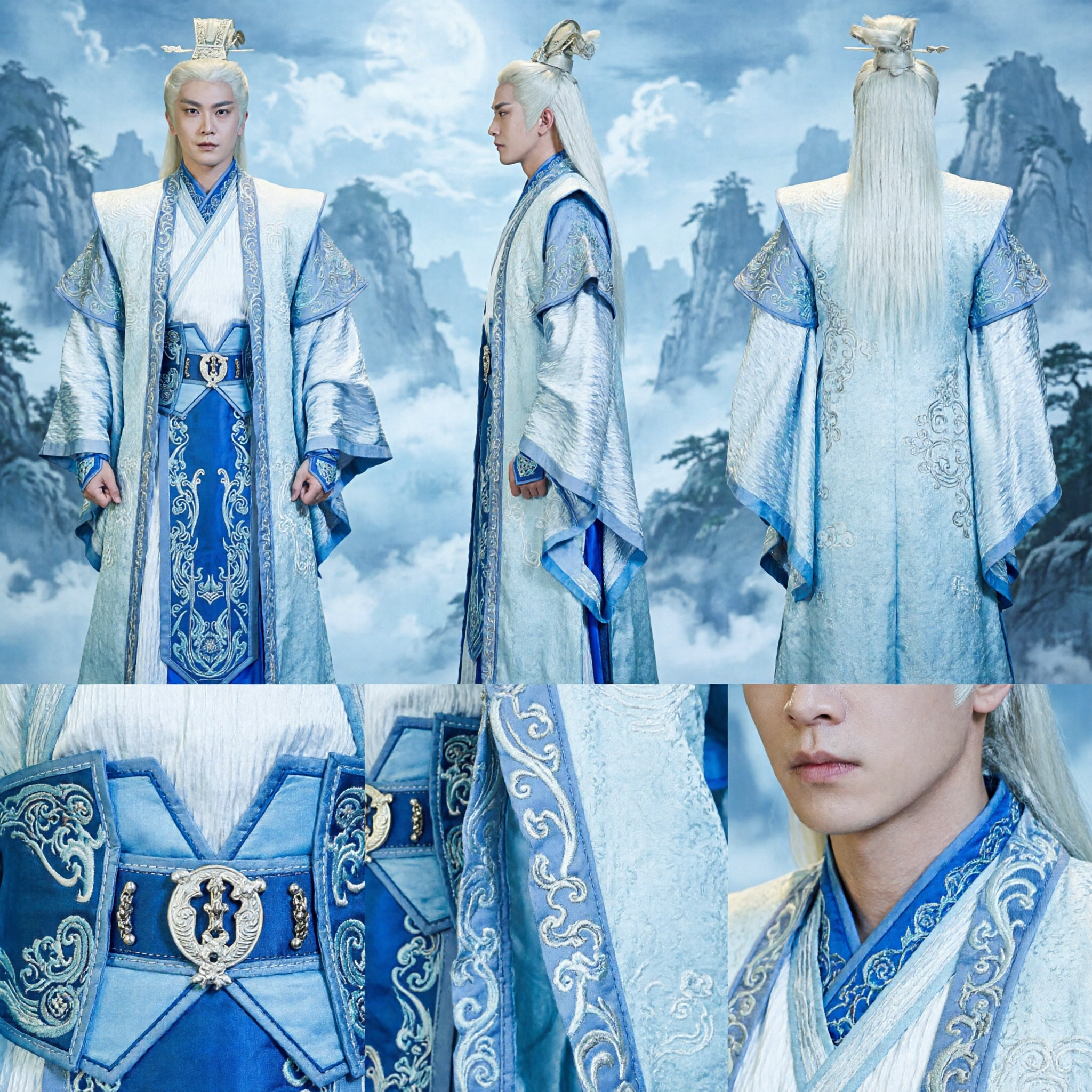 Traditional Chinese Ancient Swordsman Hanfu Costume Men White Blue Fairy Cosplay Outfit for Performance - Asian Costume