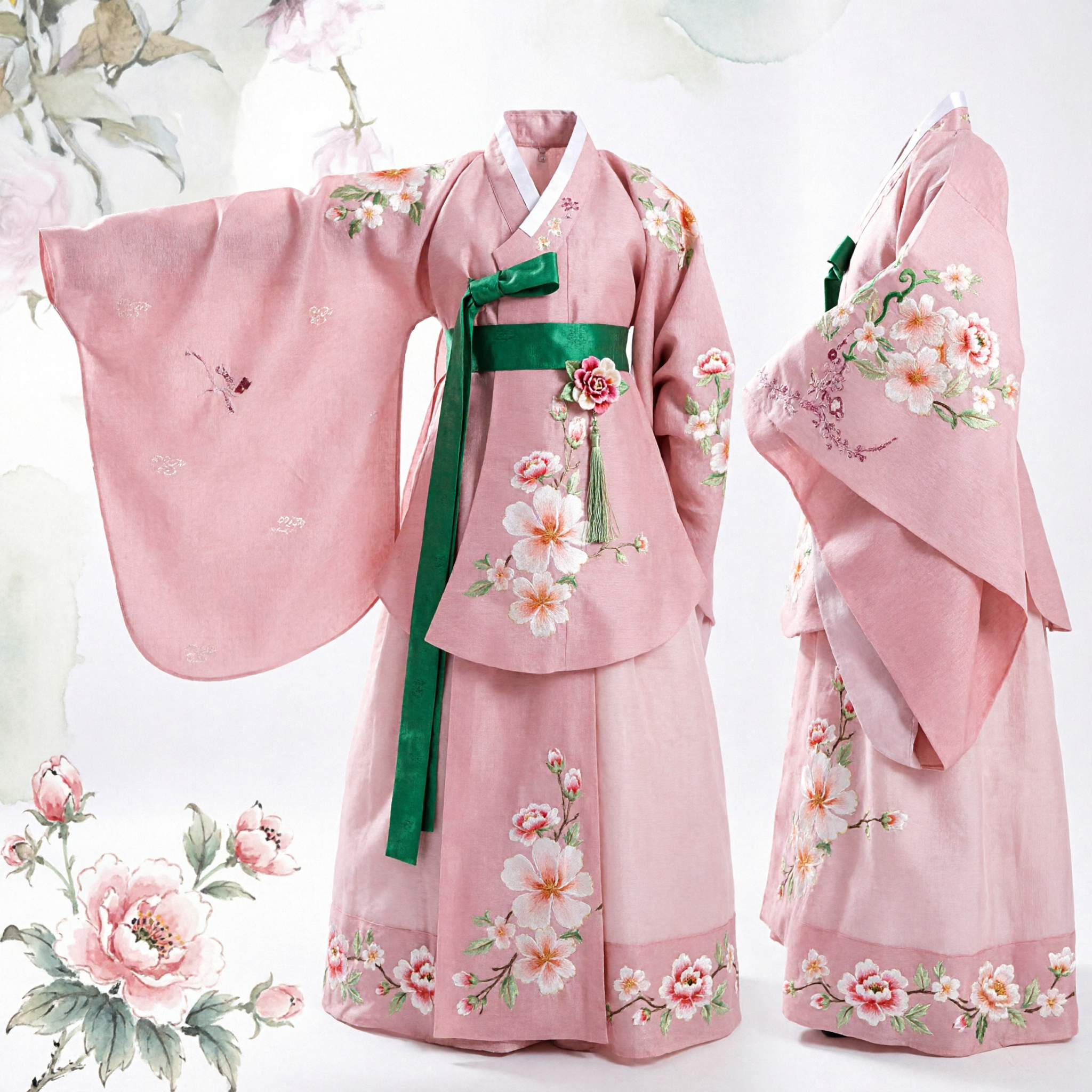 Elegant Pink Floral Embroidery Traditional Chinese Hanfu Ancient Costume Dress for Women Photography Cosplay - Asian Costume