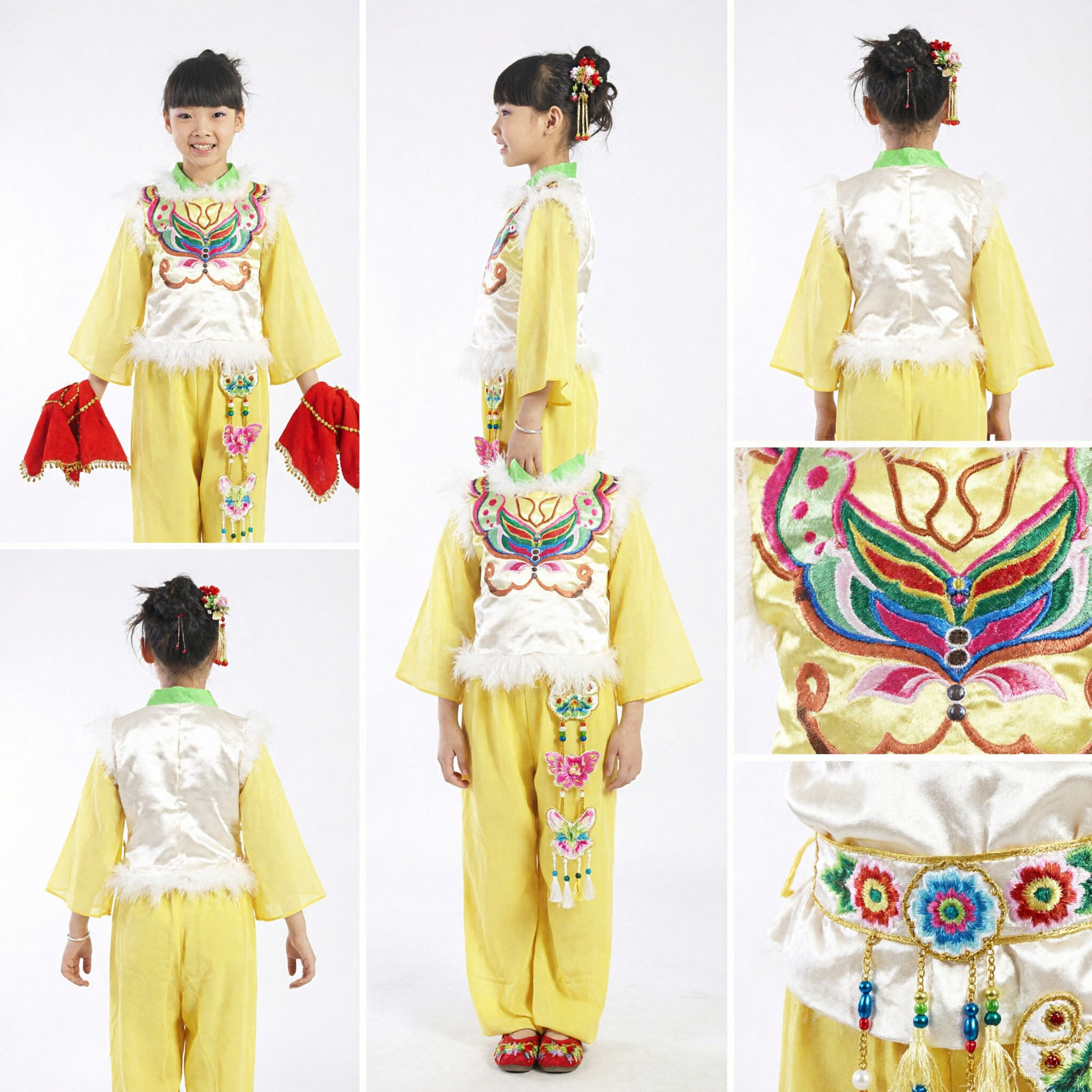 Girls Yellow Chinese Folk Dance Costume Traditional Yangge Dress with Red Handkerchief for Stage Performance - Asian Costume