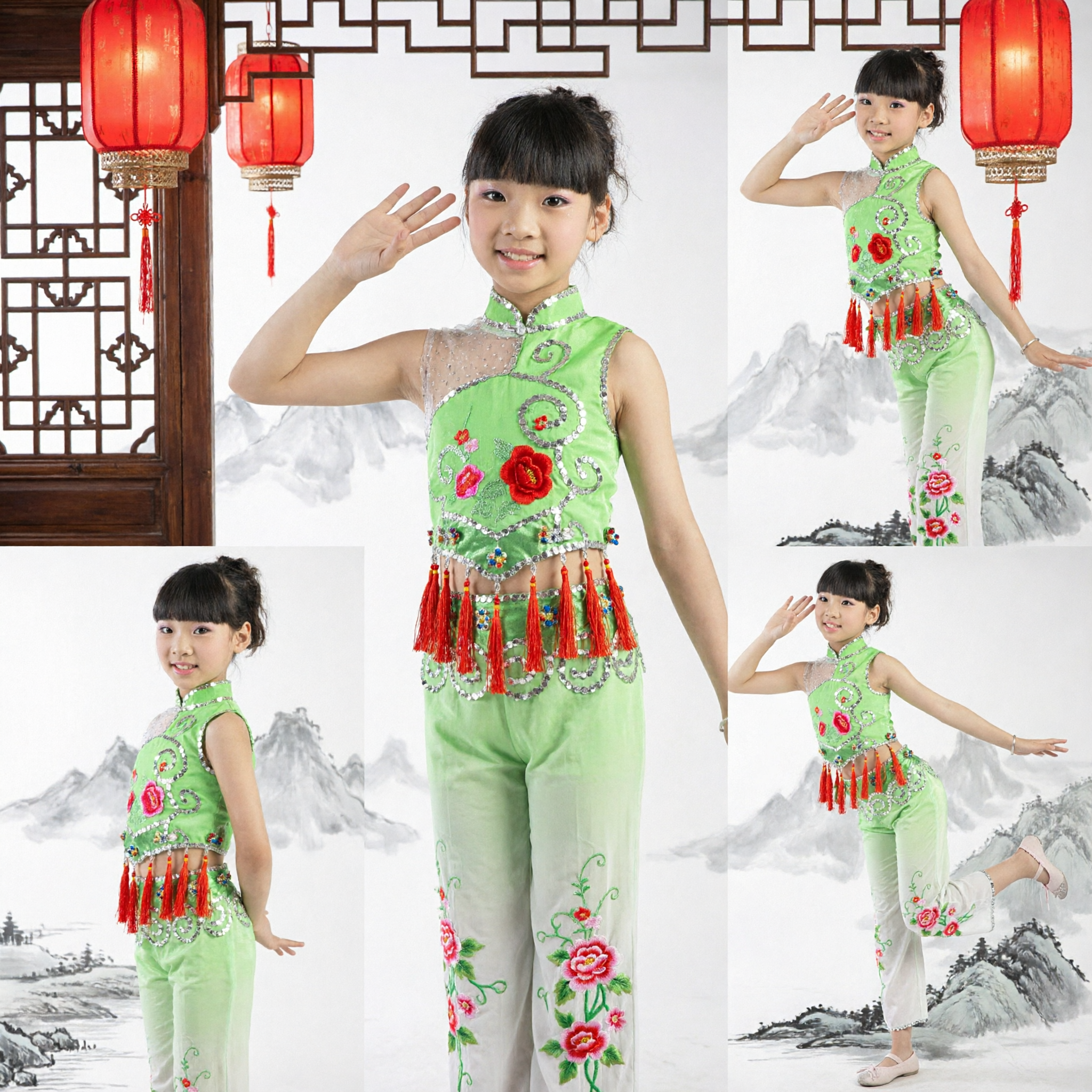 Kids Green Chinese Folk Dance Costume Girls Sequin Yangge Top and Pants Stage Performance Set - Asian Costume