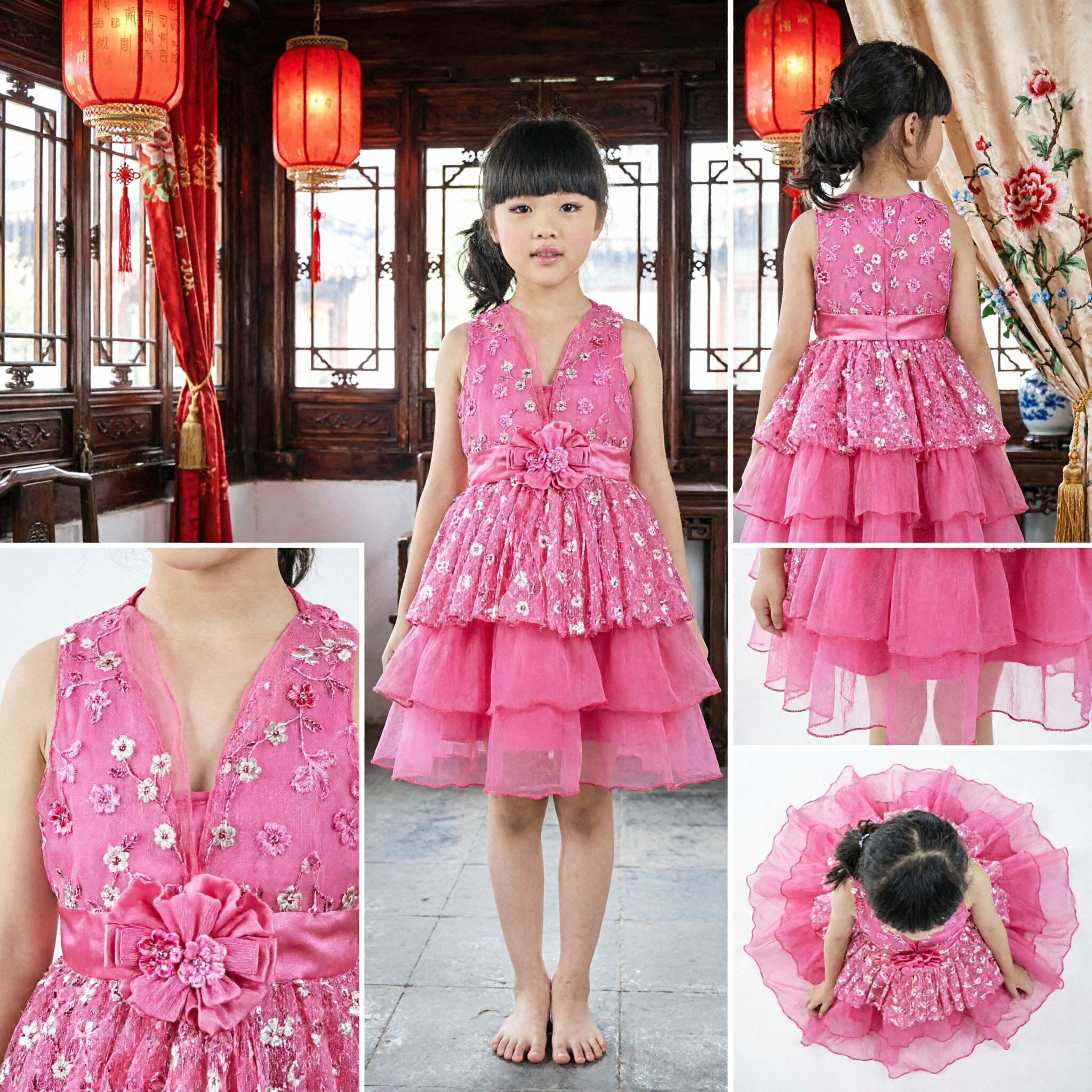 Girls Pink Sleeveless Performance Dress with Sequin Bodice and Layered Chiffon Skirt for Parties - Asian Costume