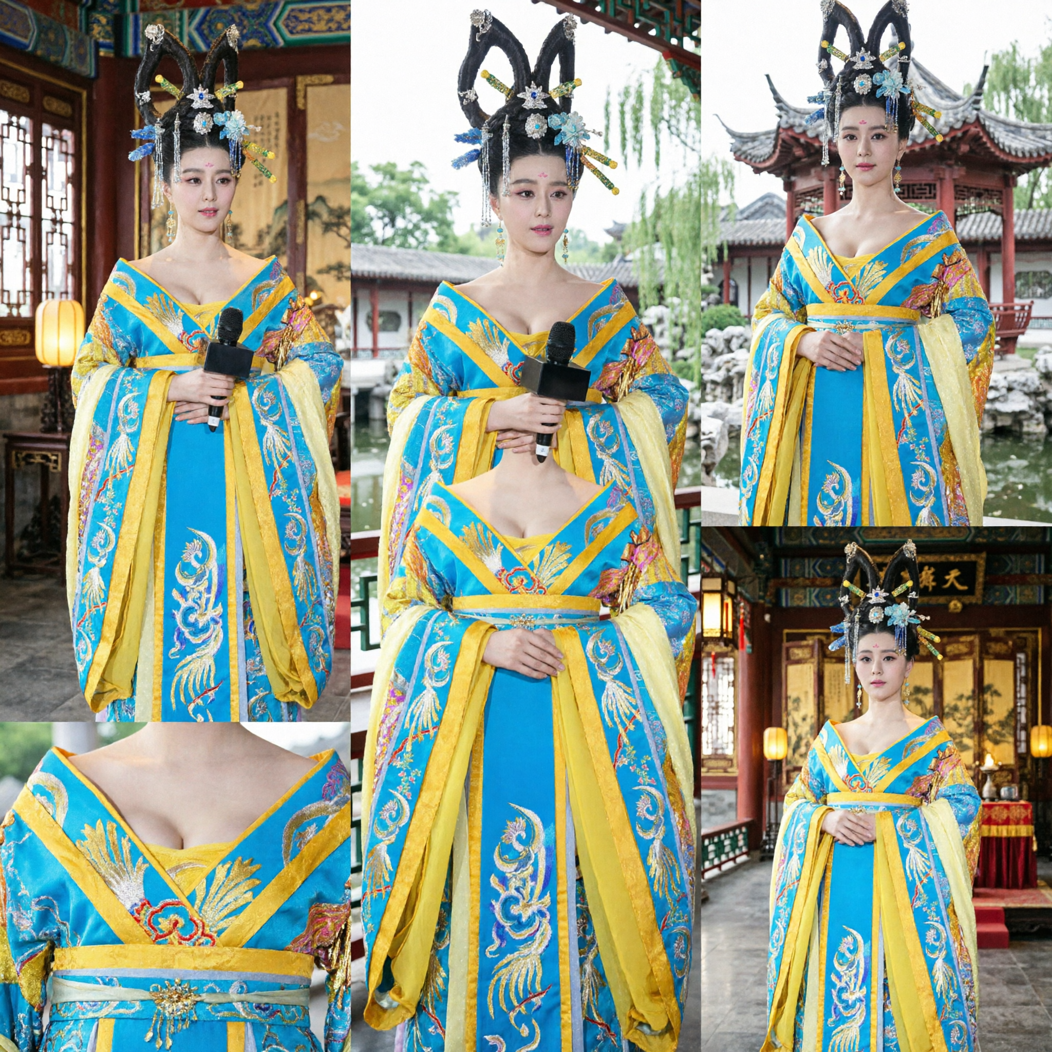 Traditional Chinese Tang Dynasty Empress Hanfu Costume Blue and Gold Dress for Women Cosplay Stage Performance - Asian Costume