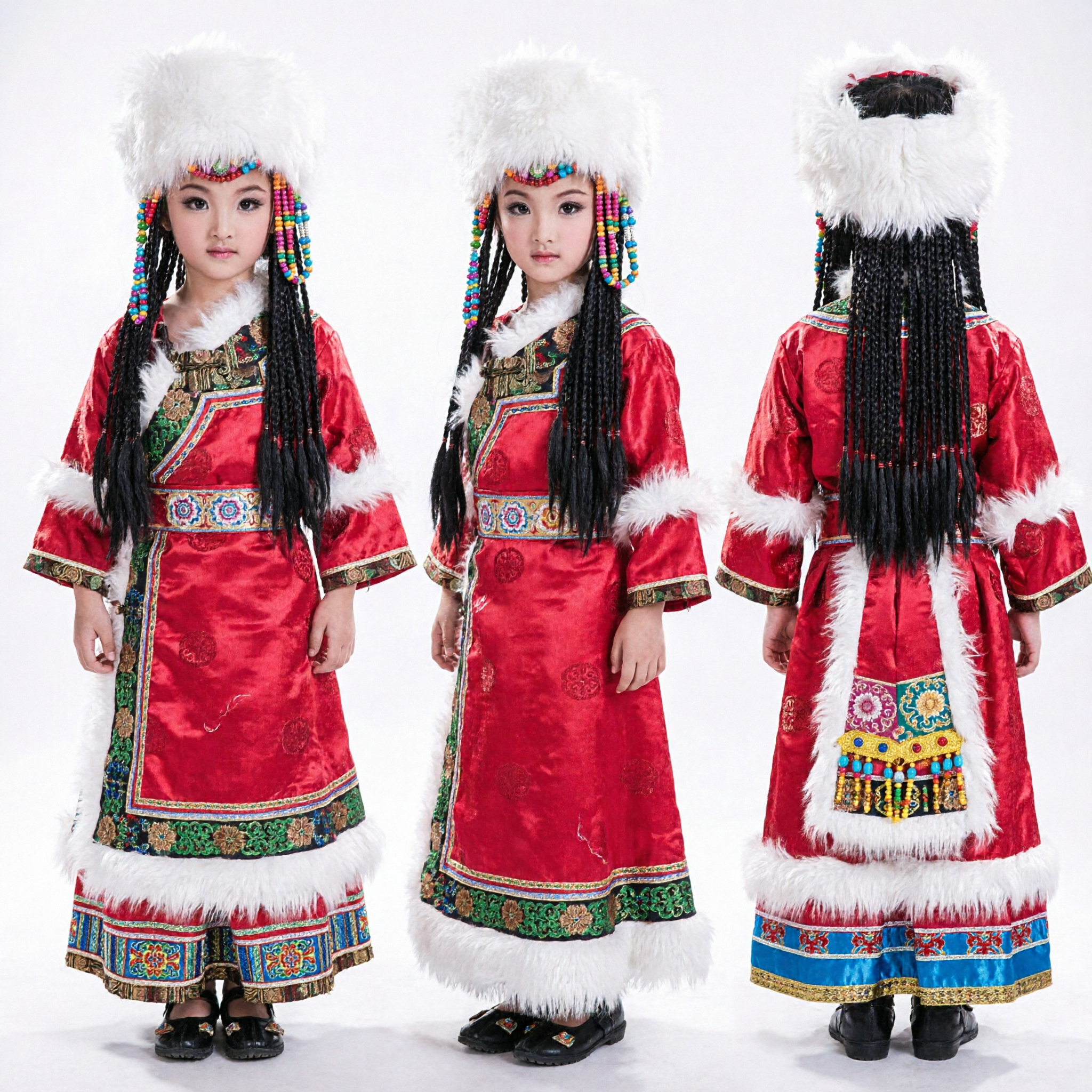Traditional Tibetan Mongolian Ethnic Dance Costume for Kids Girls Red Robe Fur Hat Stage Performance - Asian Costume