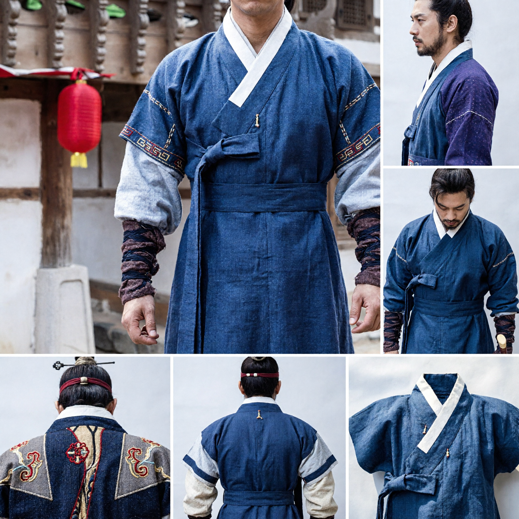 Traditional Korean Hanbok Men's Navy Blue Swordsman Costume Joseon Dynasty Warrior Outfit for Historical Drama Cosplay - Asian Costume
