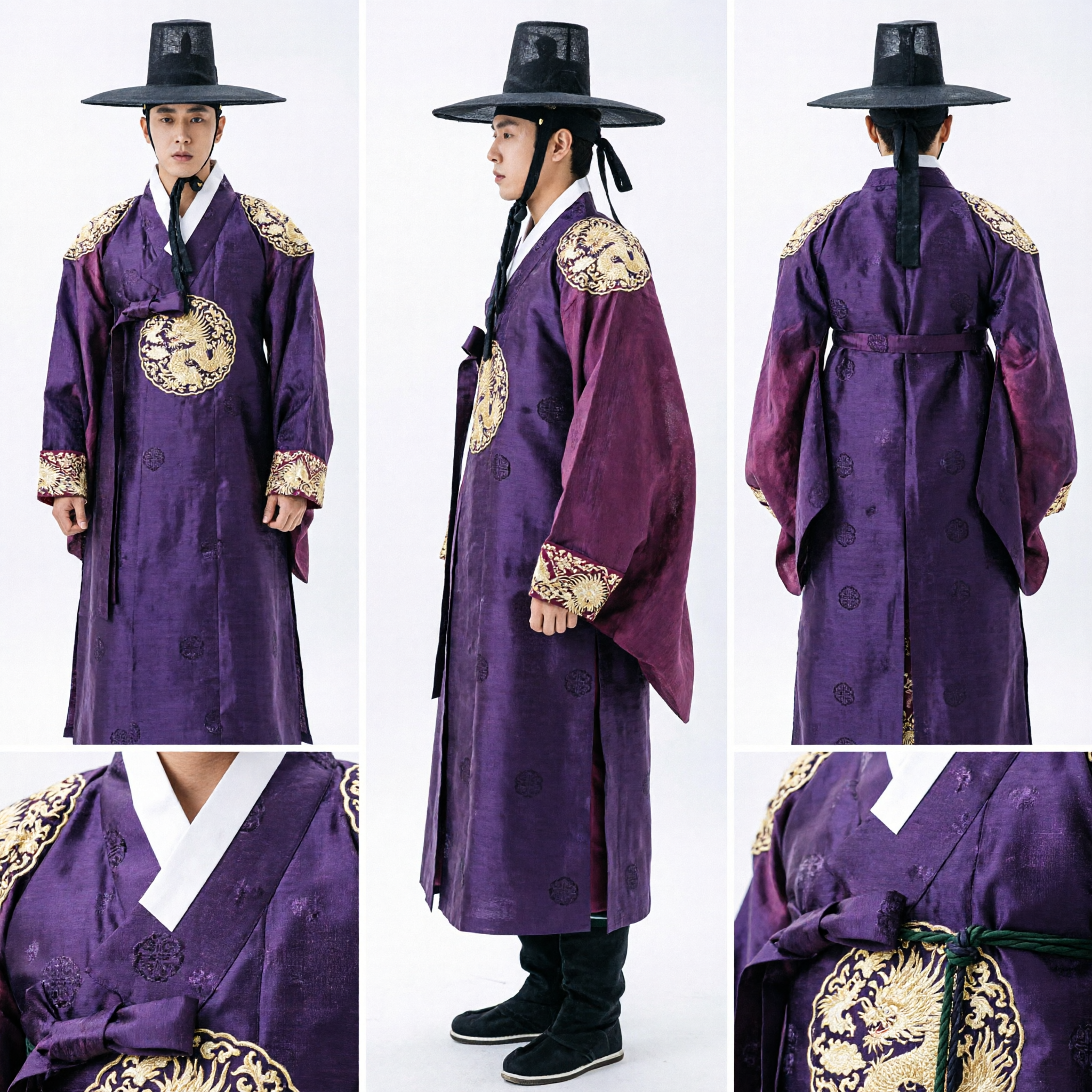 Men's Purple Korean Traditional Hanbok Robe with Black Gat Hat Historical Costume for Weddings - Asian Costume
