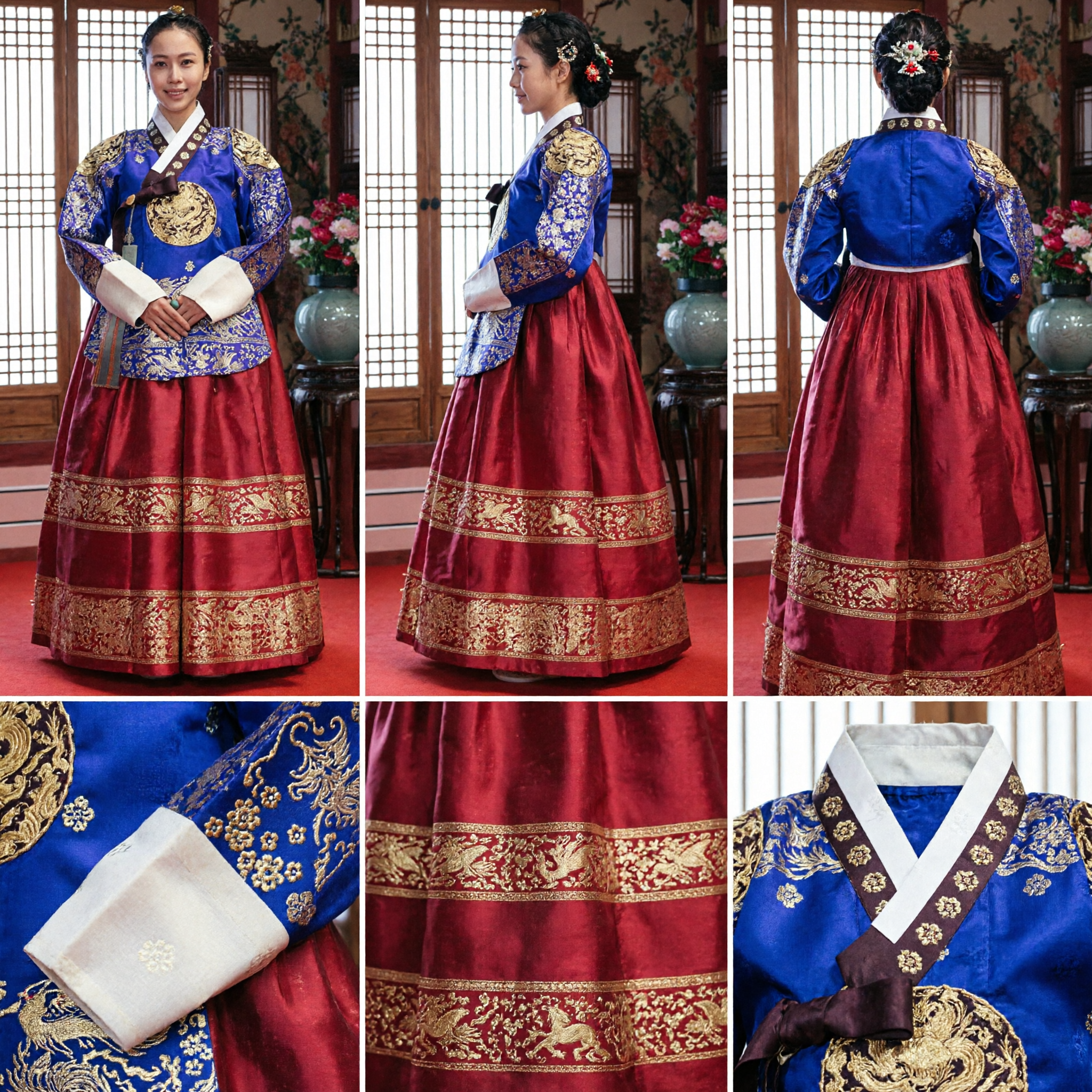 Women's Royal Korean Hanbok Traditional Dress Purple Jeogori Red Chima Gold Embroidery Costume for Performance - Asian Costume