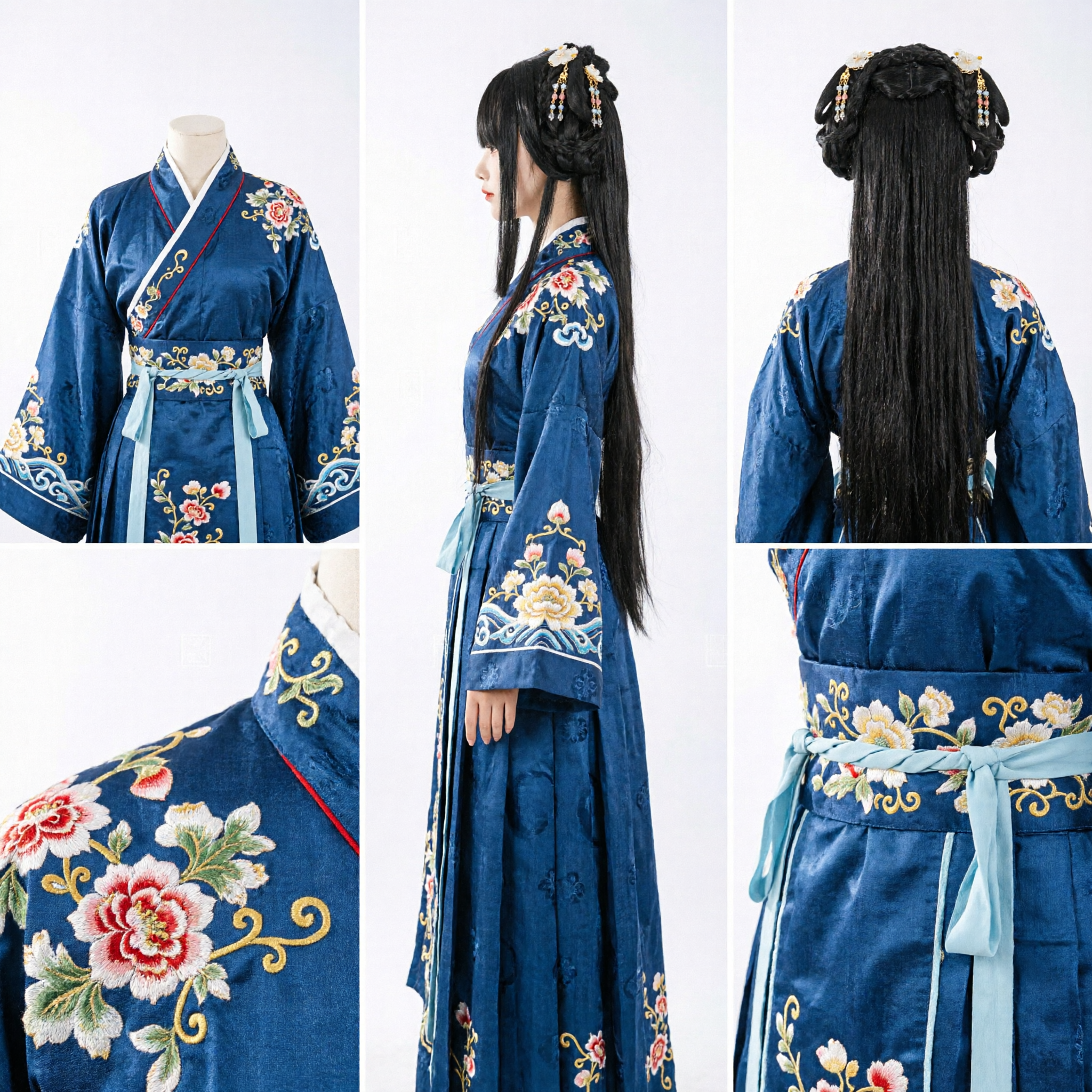 Traditional Chinese Ancient Style Black Wig with Braided Buns and Floral Hairpins for Hanfu Cosplay - Asian Costume
