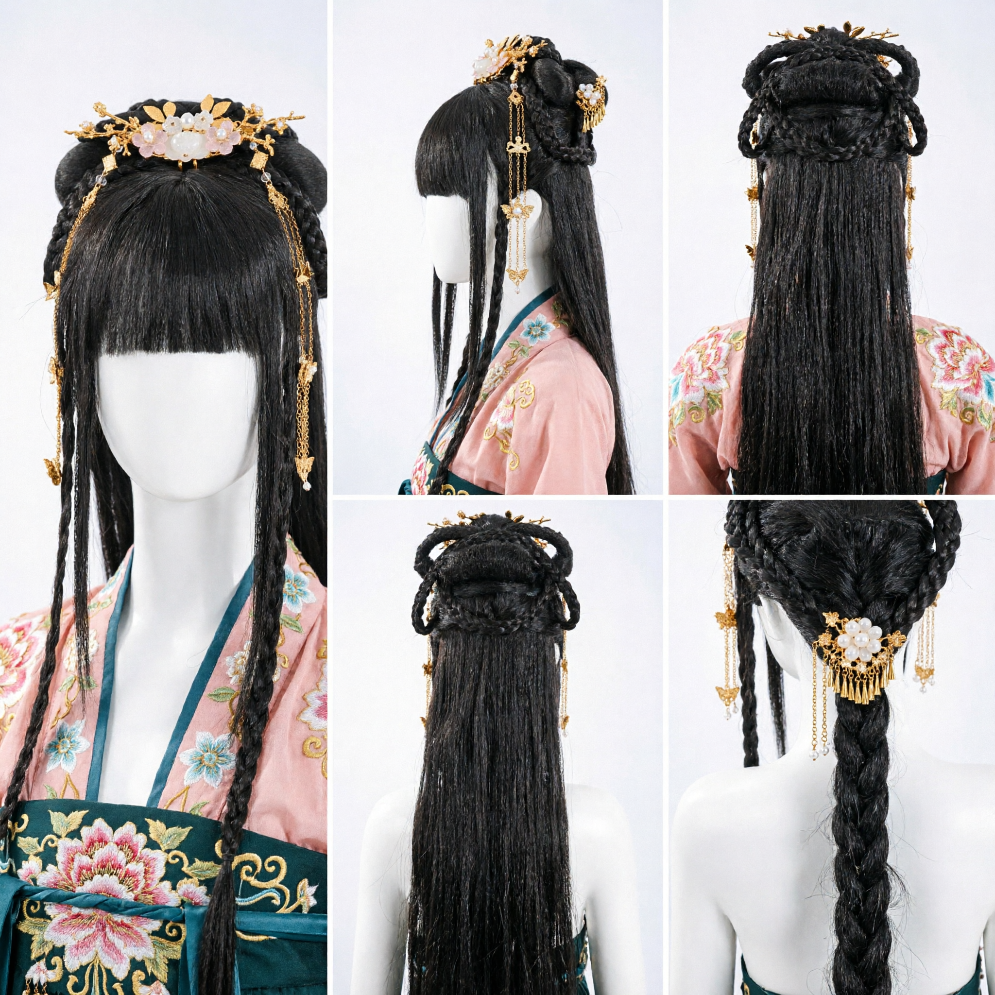 Chinese Ancient Style Black Wig with Braids and Gold Floral Hairpin for Hanfu Cosplay Women - Asian Costume