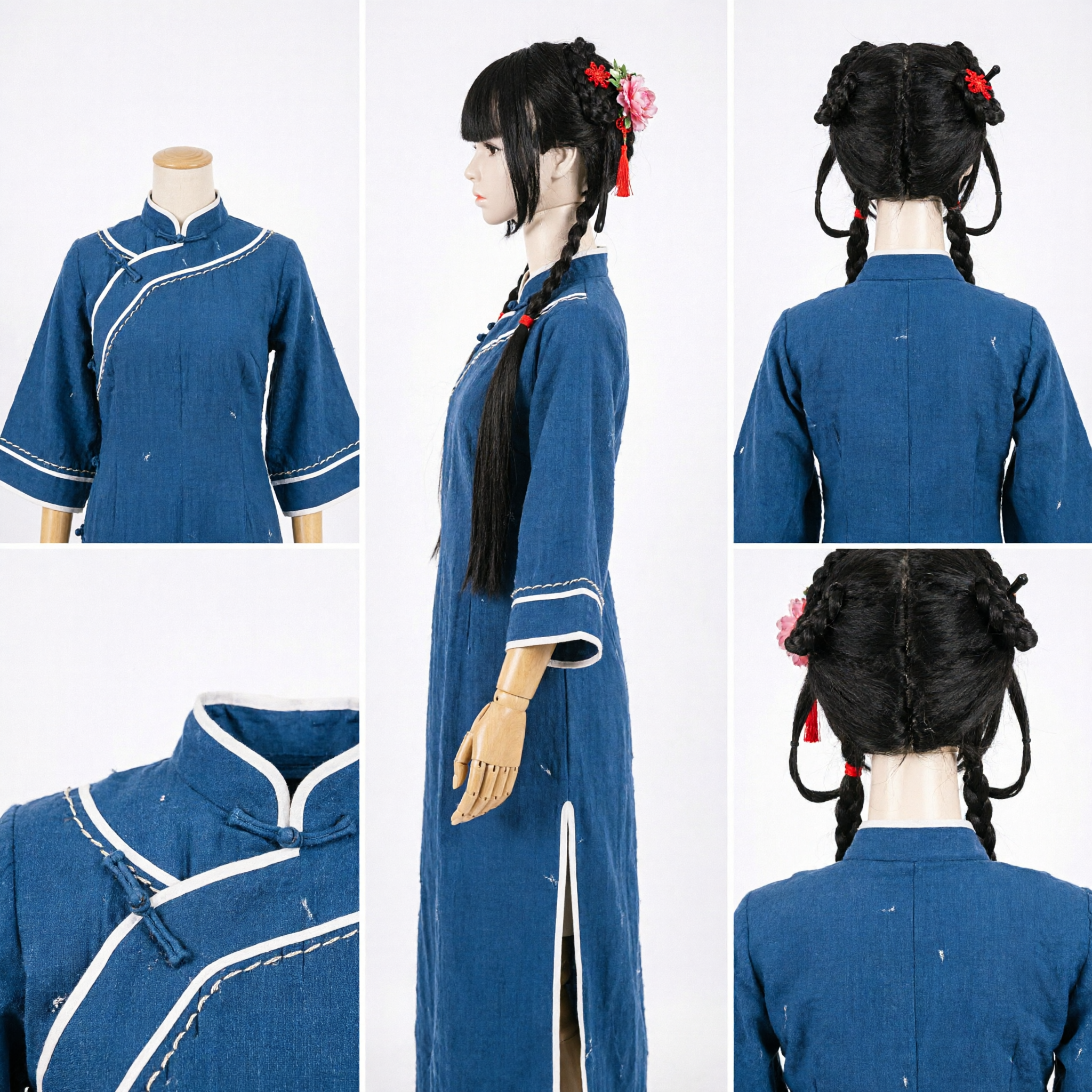 Traditional Ancient Chinese Black Braided Wig Double Buns Hanfu Cosplay Hairpiece for Women Girls - Asian Costume