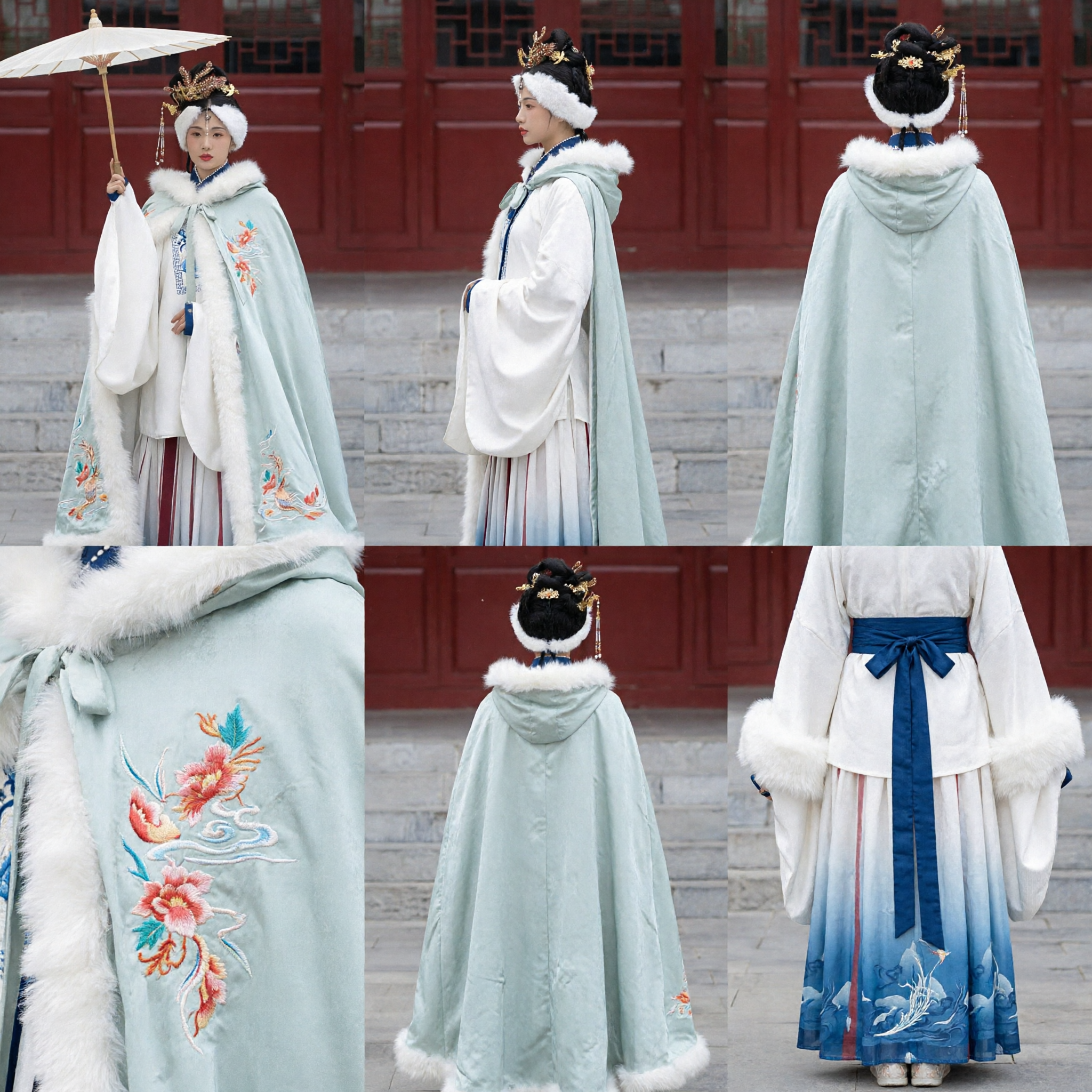 Ancient Chinese Traditional Hanfu Ming Dynasty Style White Fur Trim Cloak Cape Embroidery Costume for Women - Asian Costume