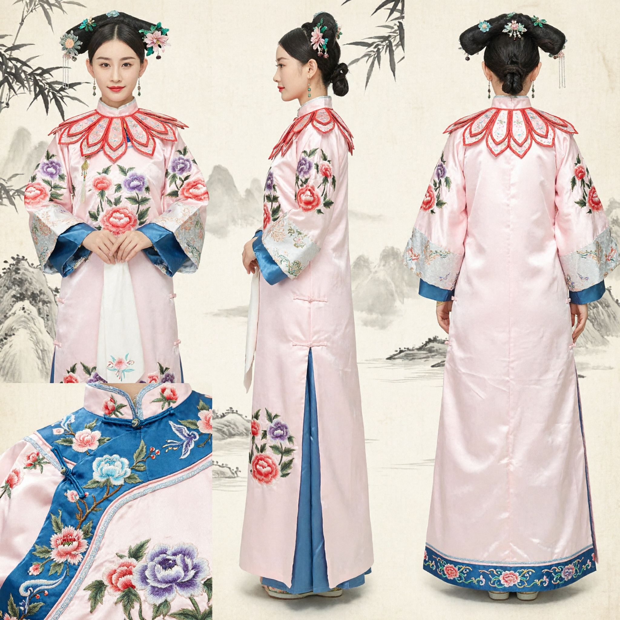 Traditional Chinese Qing Dynasty Manchu Princess Costume Mother Daughter Matching Hanfu Embroidered Pink Robe for Cultural Events - Asian Costume