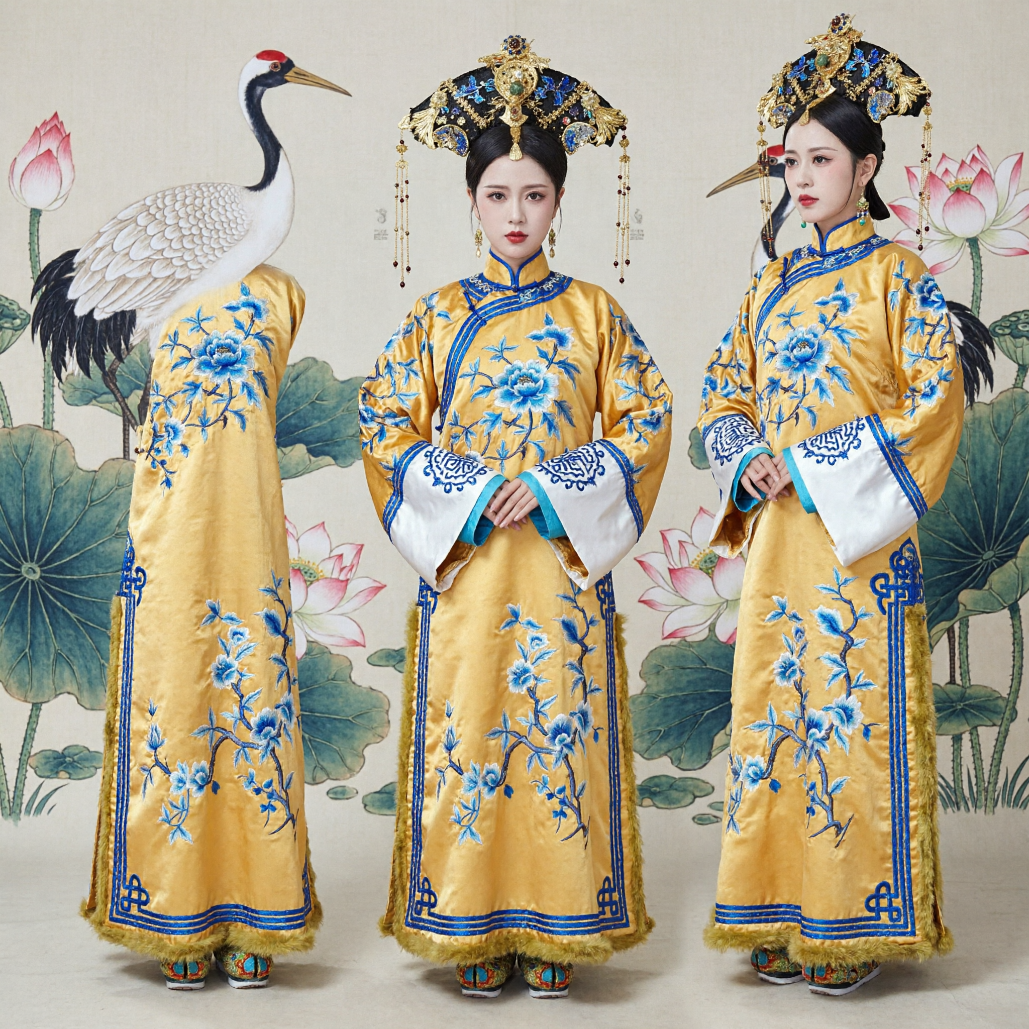 Ancient Chinese Qing Dynasty Imperial Consort Yellow Robe Embroidered Traditional Drama Cosplay Costume Set - Asian Costume