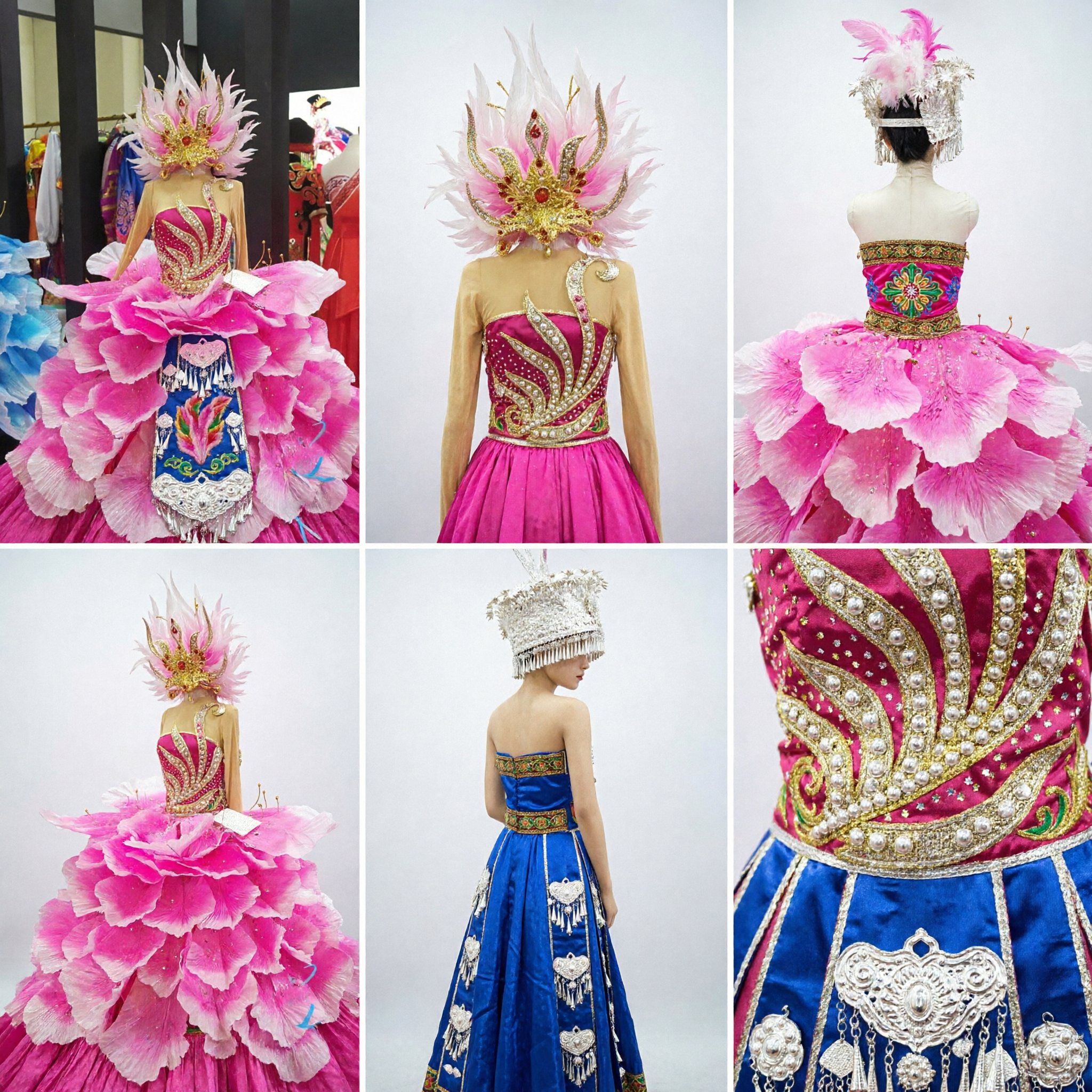 Women's Pink Peony Petal Stage Dance Costume with Gold Feather Headdress for Traditional Performance - Asian Costume