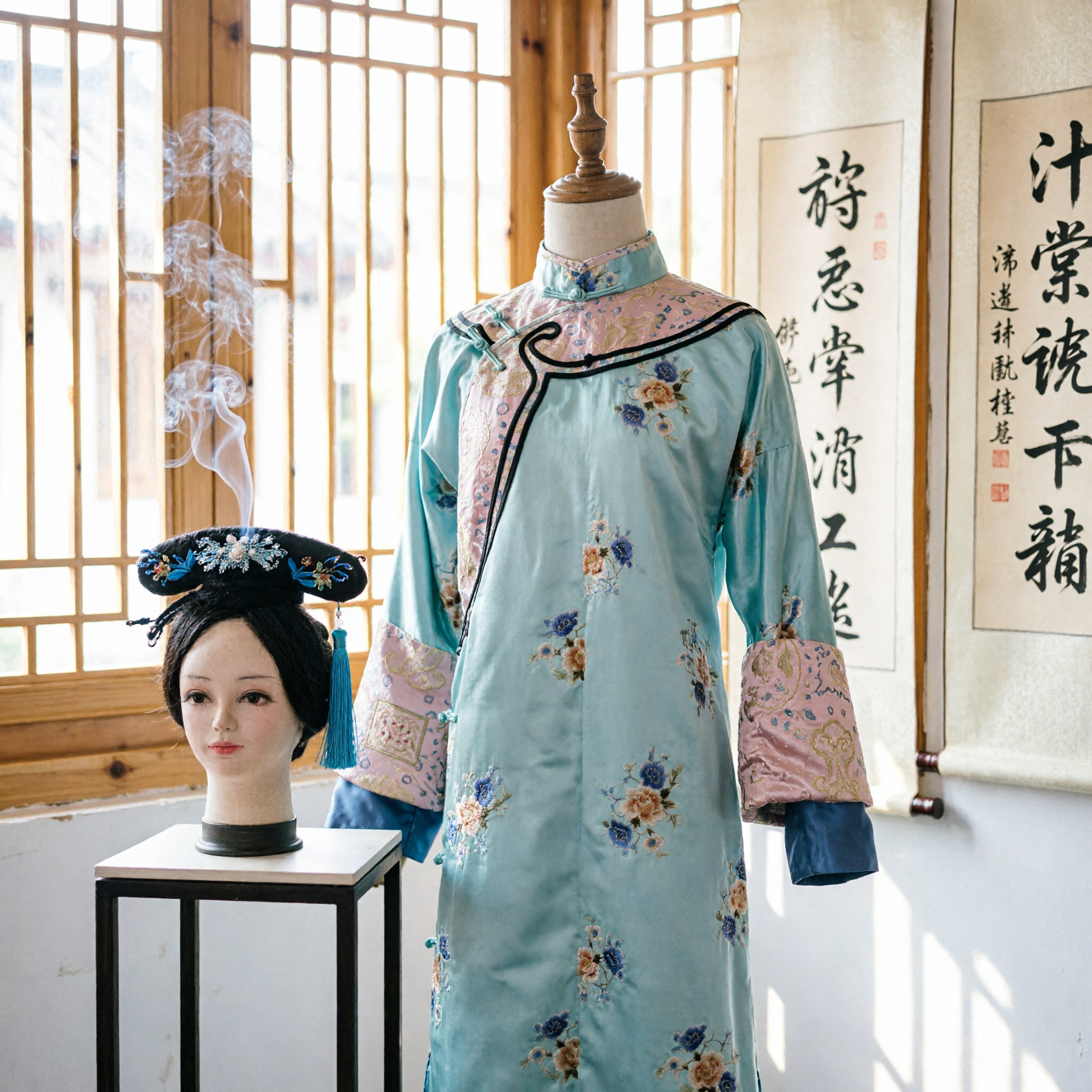 Traditional Chinese Qing Dynasty Manchu Princess Costume Light Blue Floral Robe and Headdress Set for Women Cosplay Performance - Asian Costume