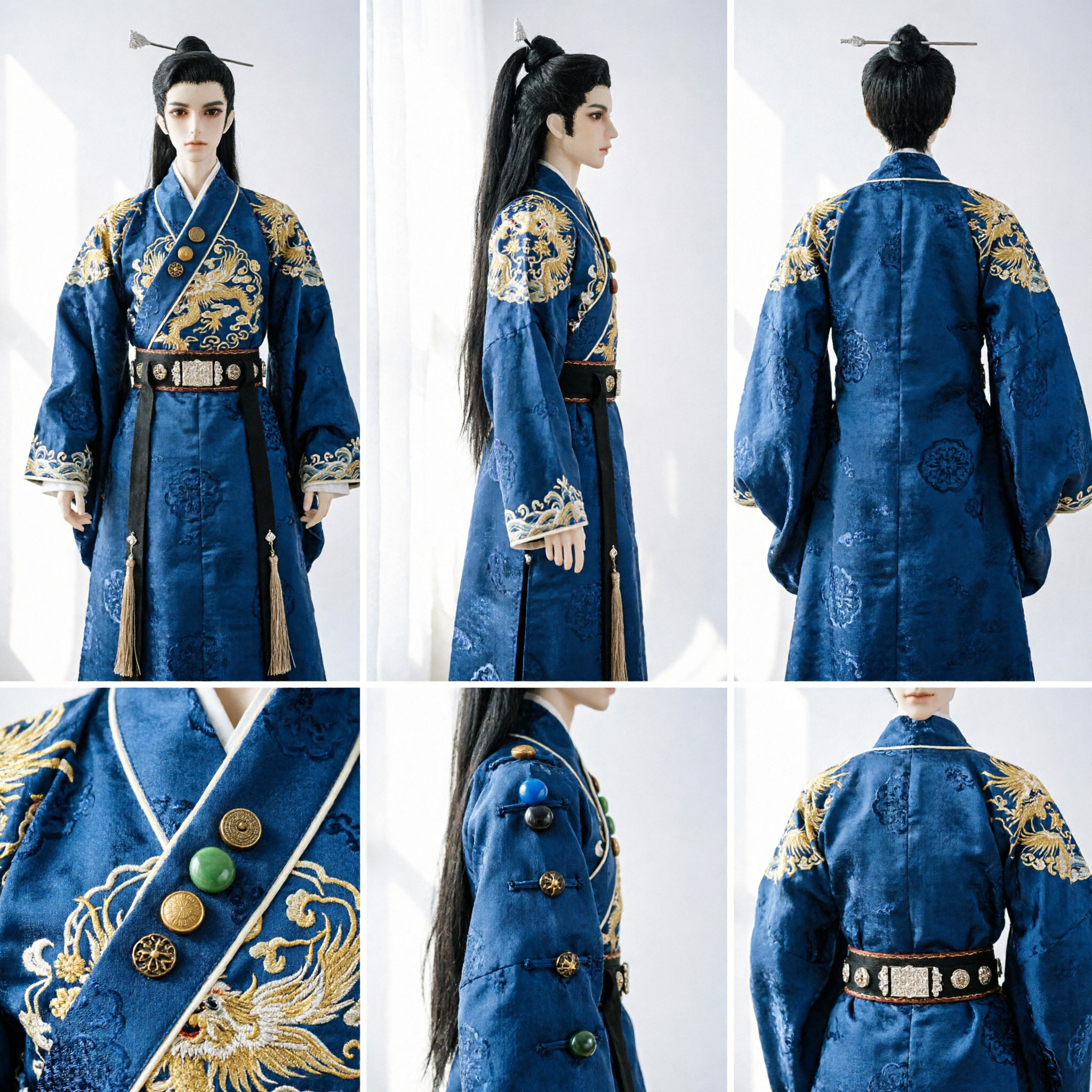 Ancient Chinese Male Wig High Ponytail Cosplay Hairpiece Traditional Hanfu Wuxia Swordman Style with Silver Hairpins - Asian Costume