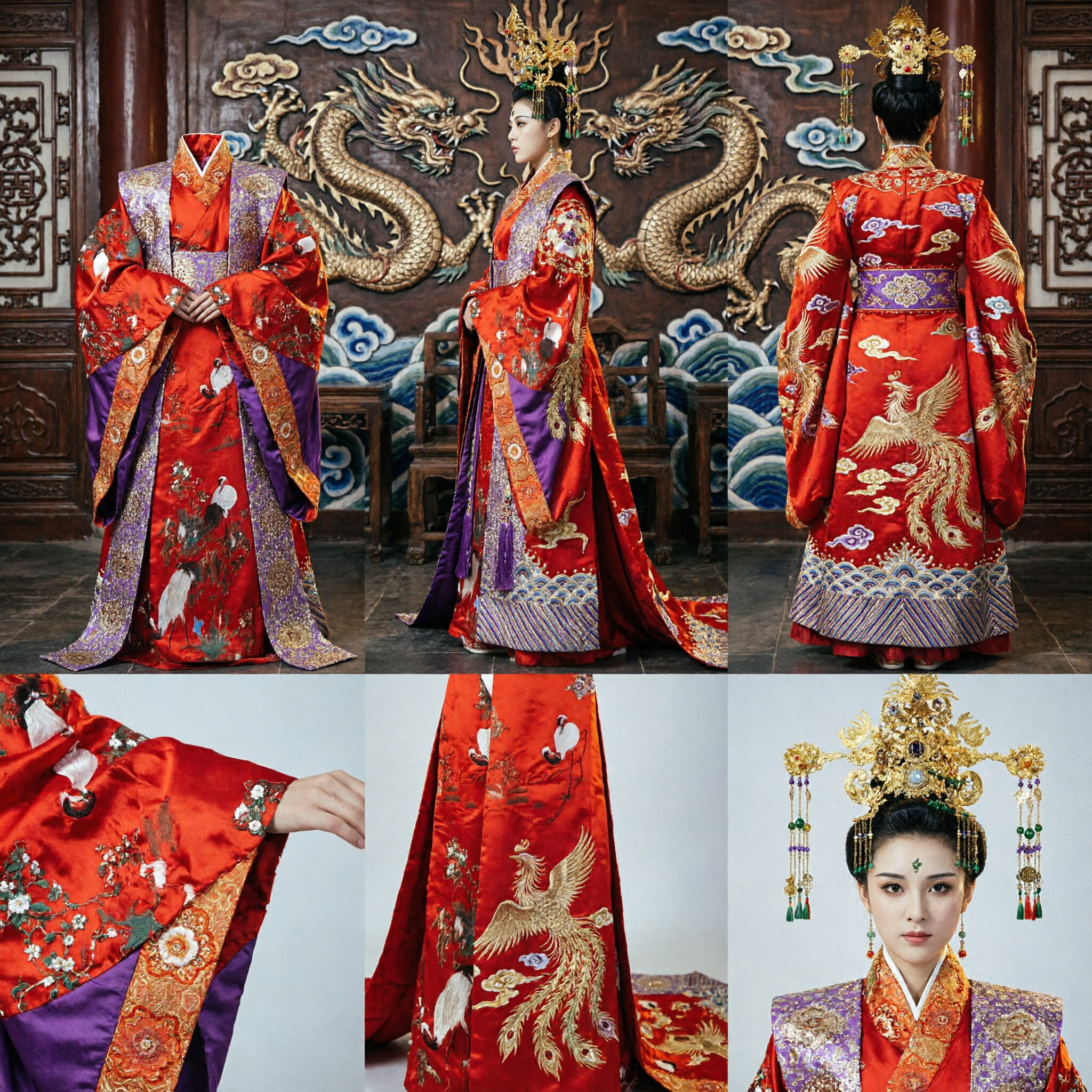 Traditional Chinese Ancient Empress Wedding Dress Red Hanfu Costume with Gold Embroidery and Phoenix Headdress - Asian Costume