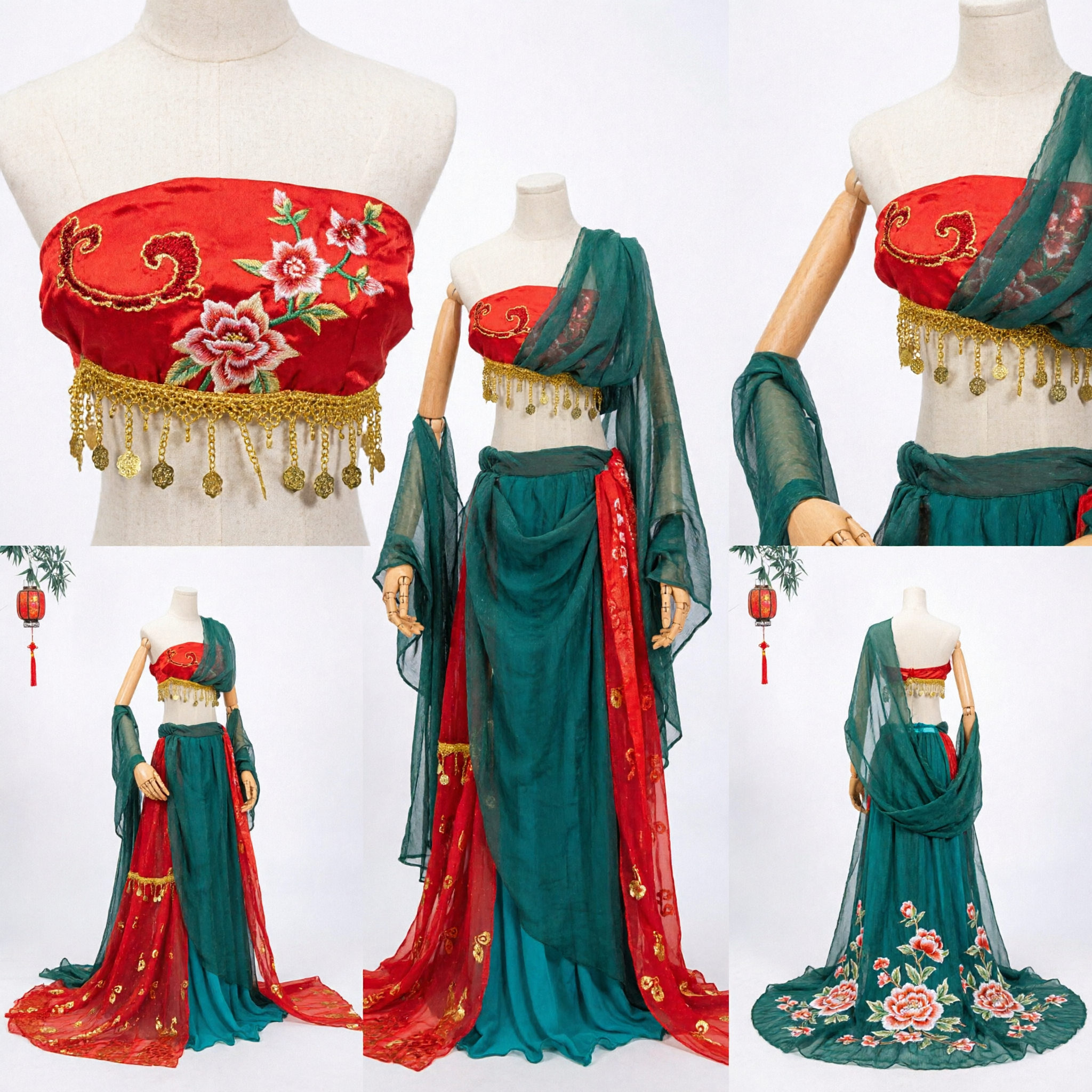 Traditional Chinese Classical Dance Costume Green Red Stage Performance Dress for Women with Long Flowing Sleeves - Asian Costume