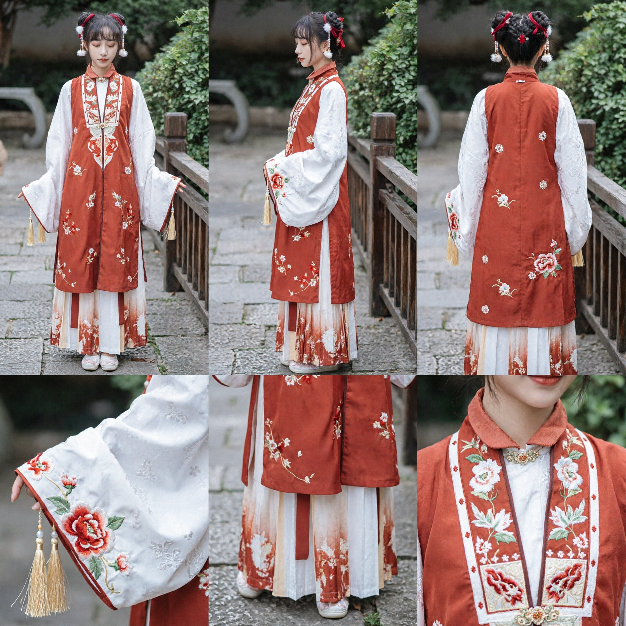 Traditional Chinese Hanfu Ming Dynasty Style Red Embroidered Vest and White Dress for Women - Asian Costume
