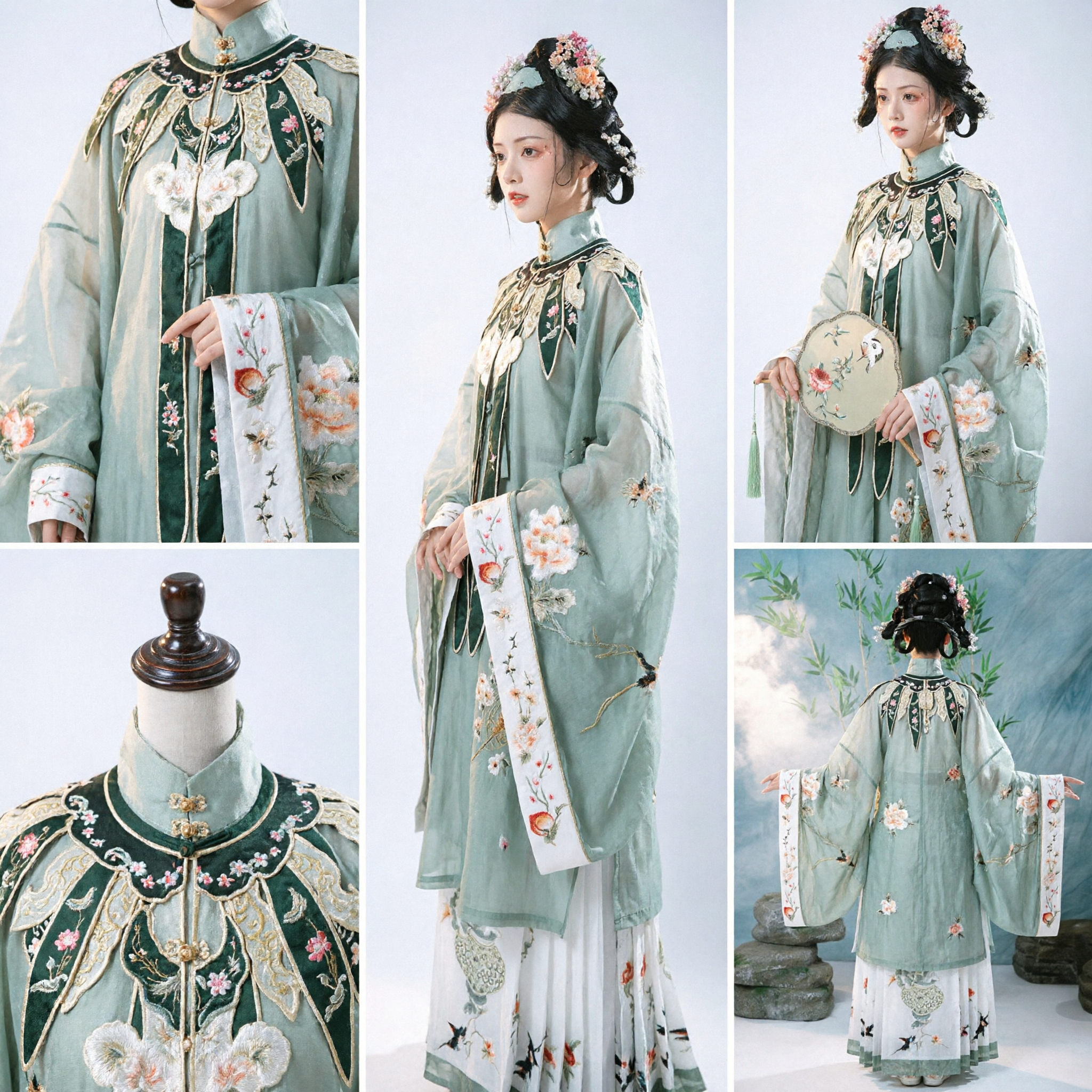 Traditional Chinese Hanfu Ming Dynasty Green Embroidered Robe Ancient Fairy Costume Complete Set for Women - Asian Costume
