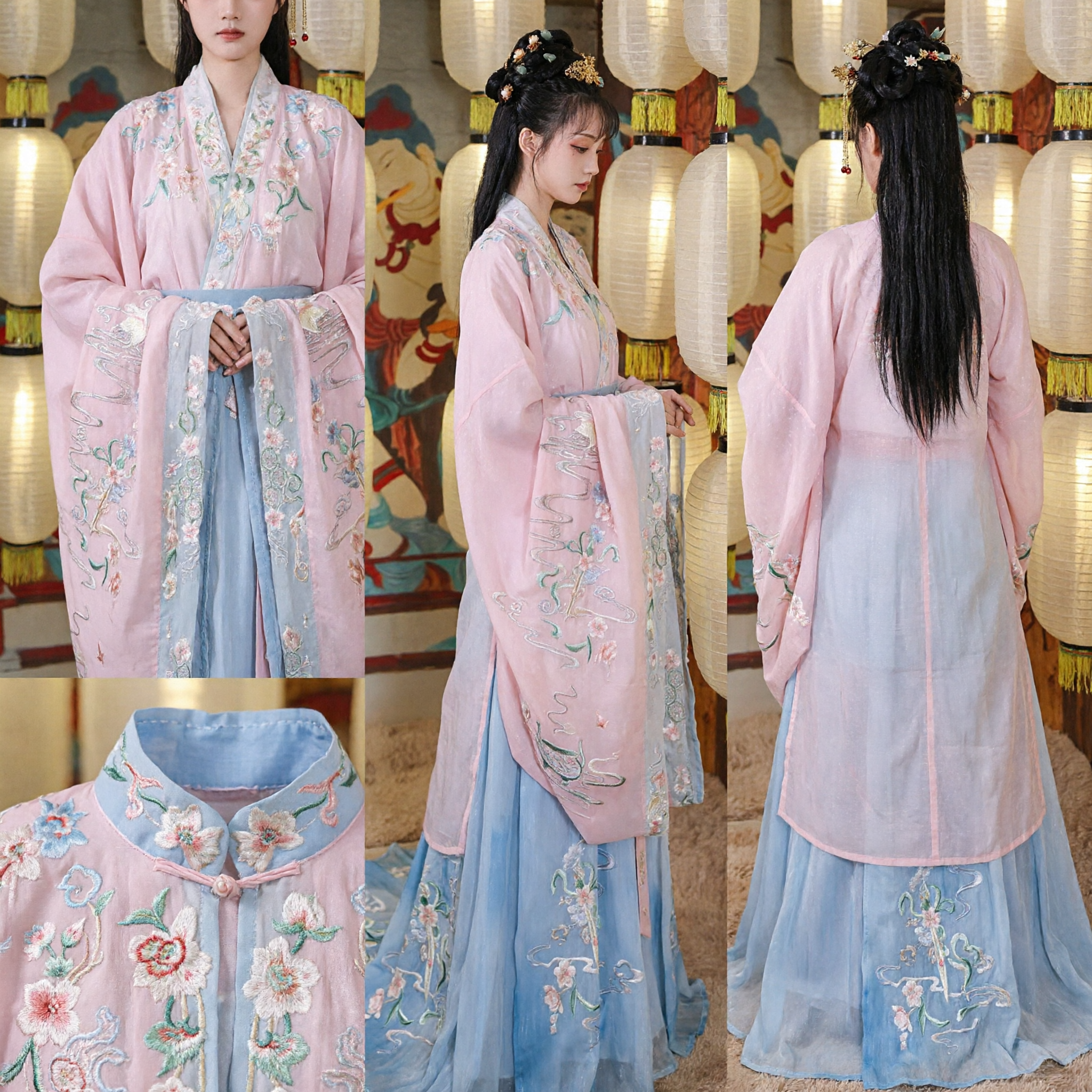 Elegant Pink and Blue Embroidered Hanfu Set Traditional Chinese Ancient Costume for Women Photography Cosplay - Asian Costume