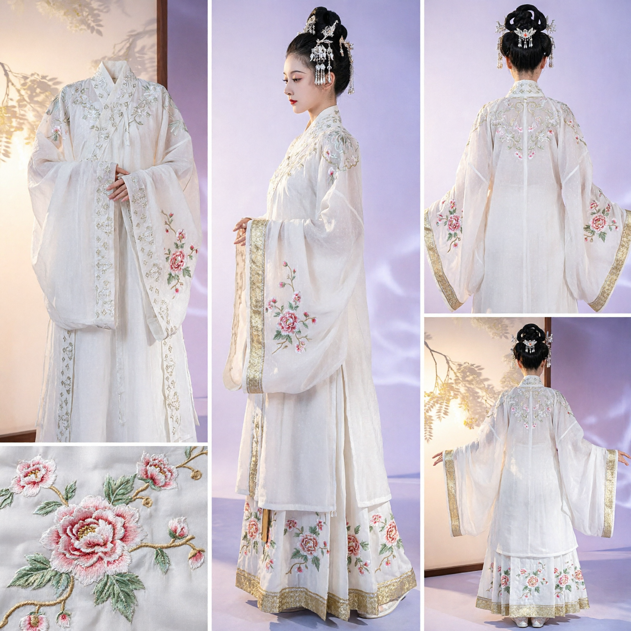 Elegant White Hanfu Traditional Chinese Clothing Embroidered Floral Wide Sleeve Ancient Costume for Women - Asian Costume