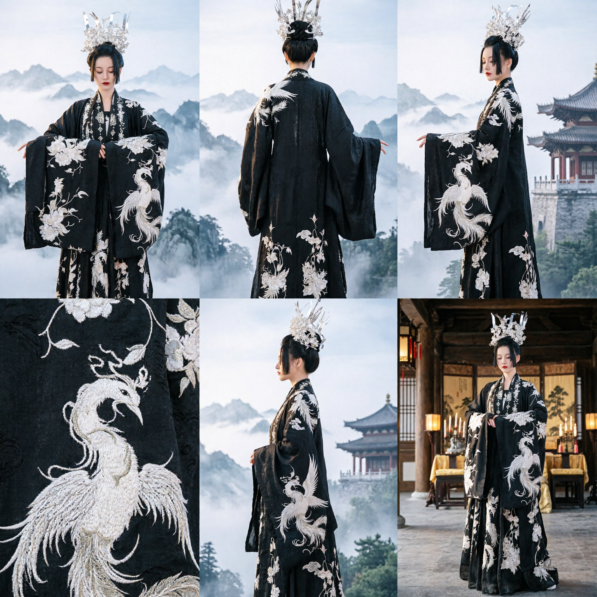 Traditional Chinese Black Hanfu Costume with Silver Phoenix and Peony Embroidery for Women Ancient Cosplay - Asian Costume