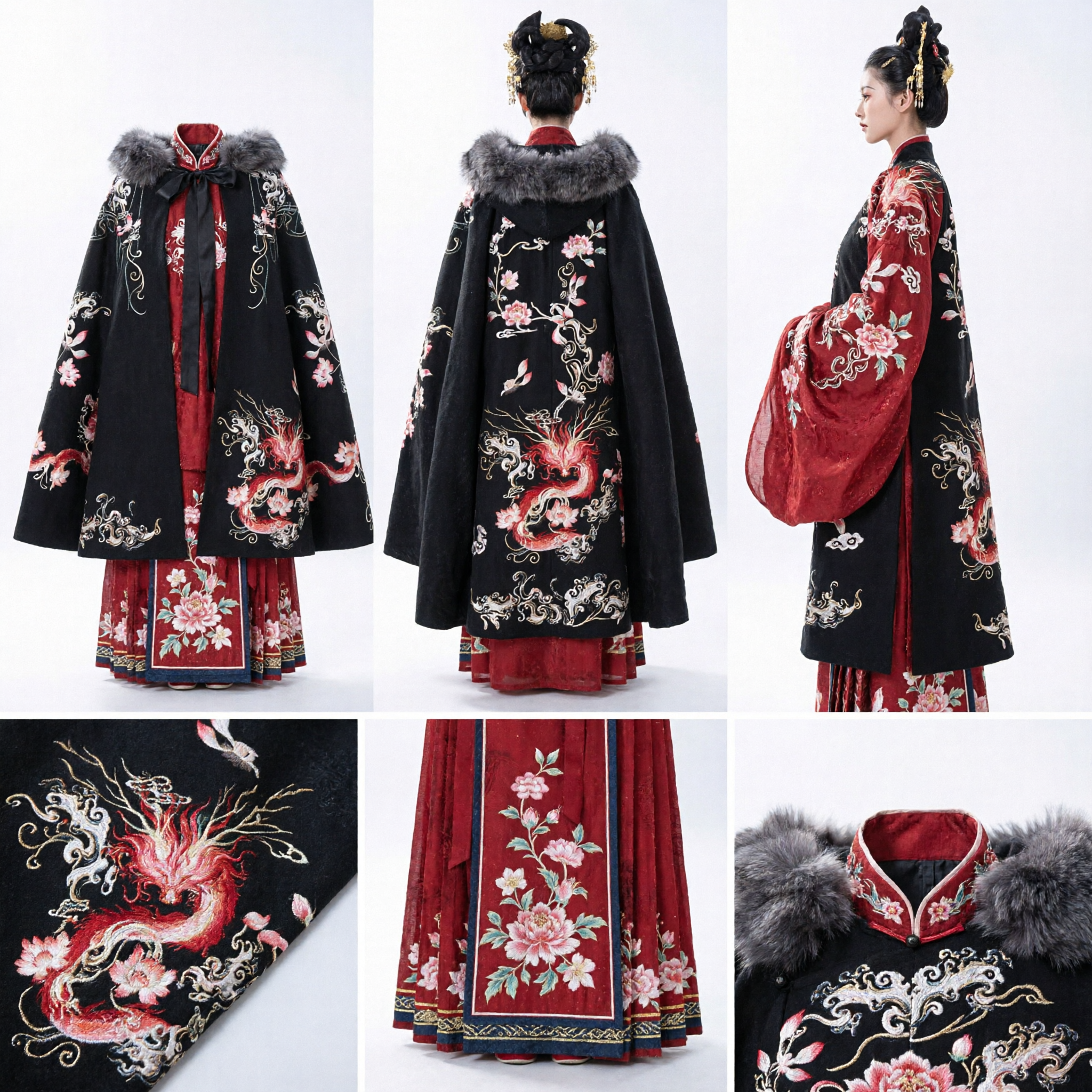 Traditional Chinese Hanfu Ming Dynasty Black Fur Collar Cloak with Dragon Embroidery for Women Wedding Costume - Asian Costume