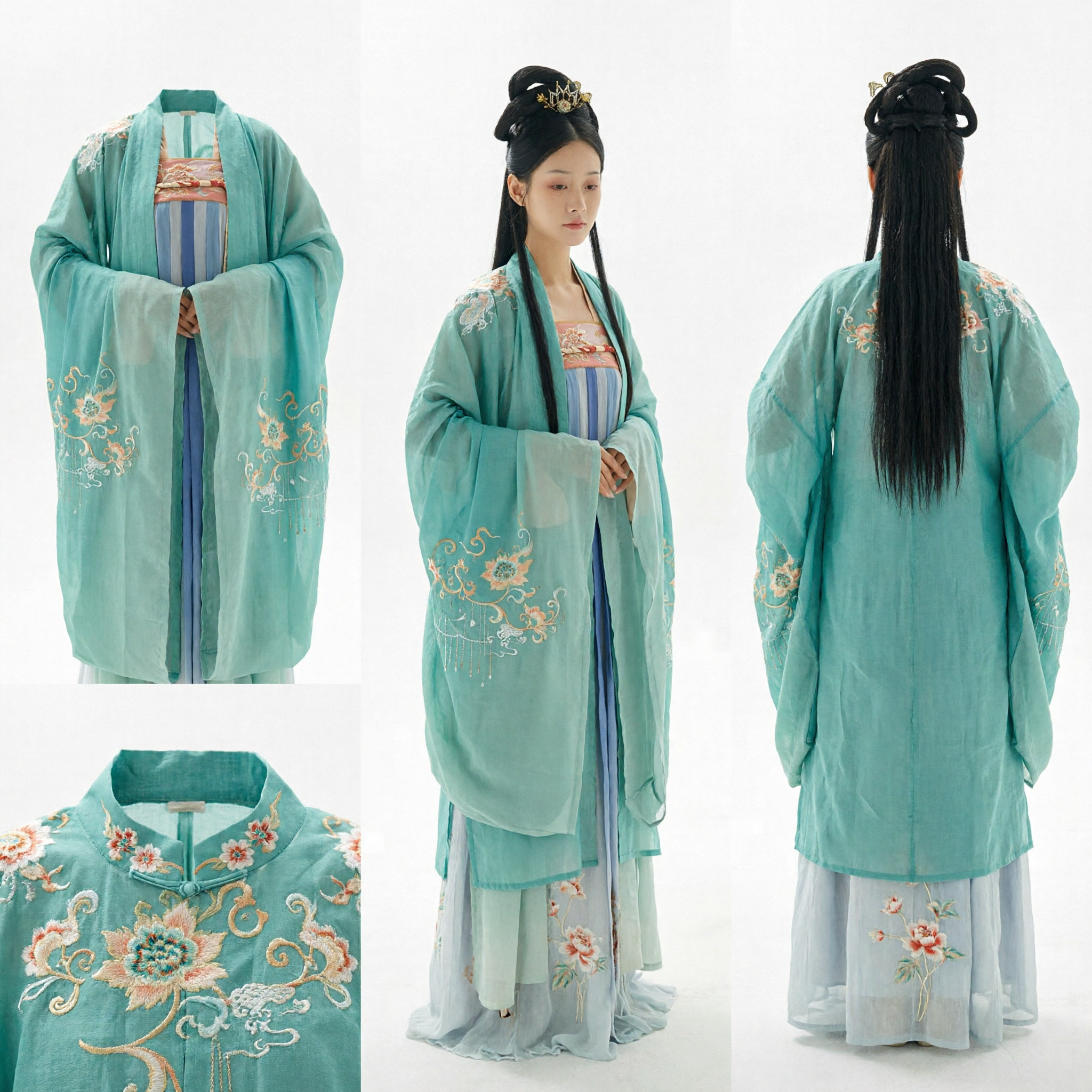 Elegant Traditional Chinese Hanfu Ancient Tang Dynasty Embroidered Teal Robe Costume for Women - Asian Costume