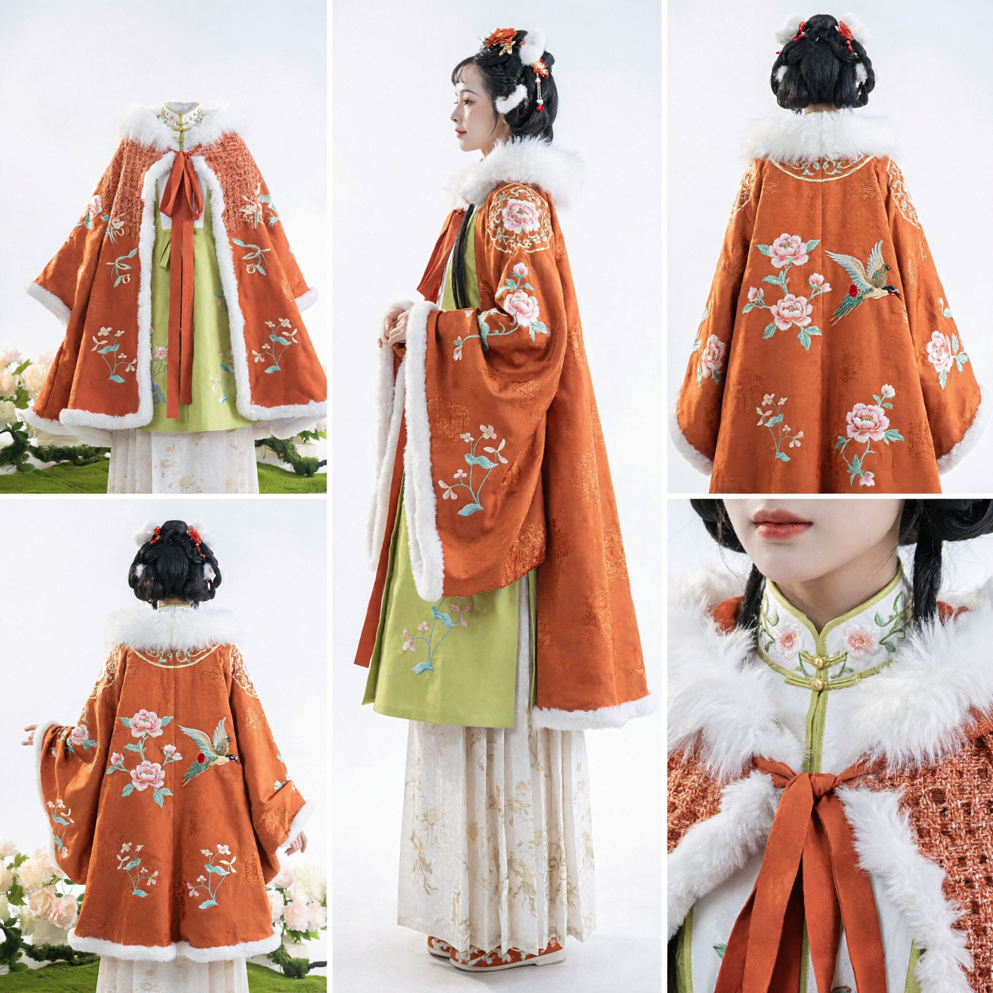 Traditional Chinese Hanfu Winter Cape with White Fur Trim Embroidered Ancient Costume for Women Lunar New Year - Asian Costume