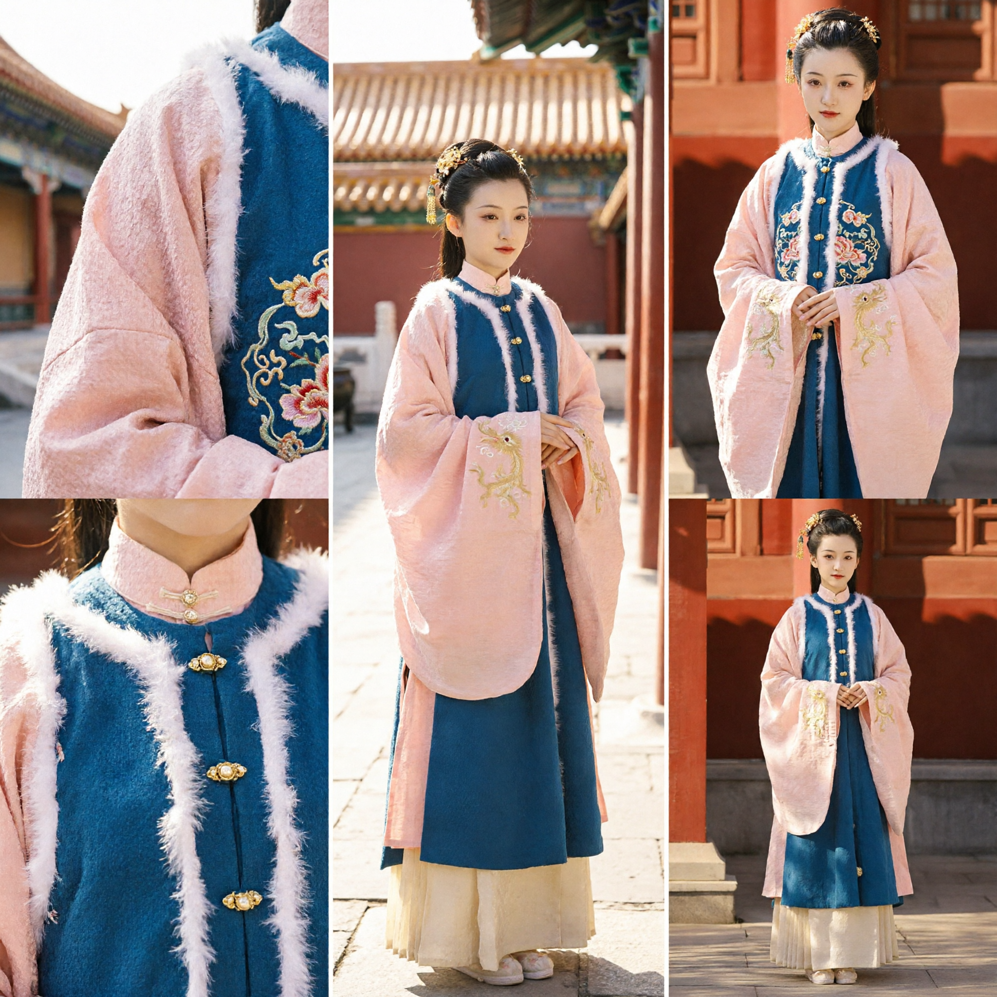 Traditional Chinese Hanfu Ming Dynasty Pink Sheer Robe and Blue Fur Trim Costume Set for Women - Asian Costume